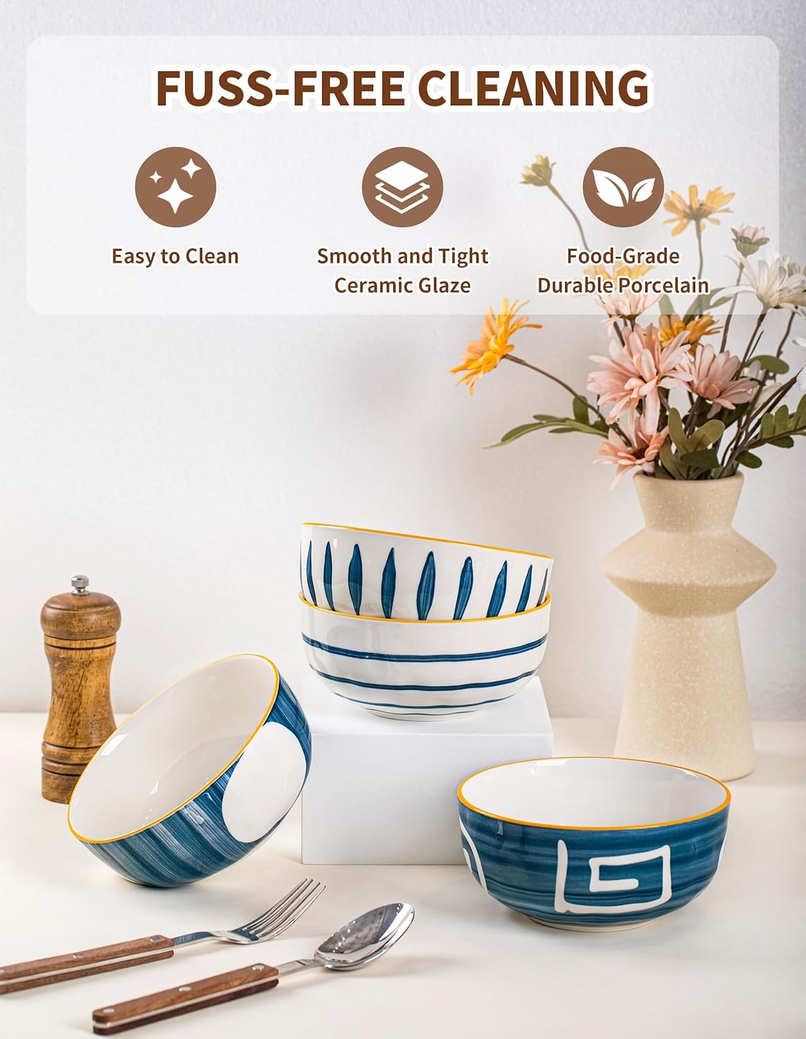 Yeacccng Japandi Cereal Bowls Set of 4, 6 Inch 27 Oz Blue Striped Ceramic Soup Bowls, Lead-Free Cadmium-Free, Dishwasher Microwave Oven Safe, Scratch-Resistant Serving Bowls