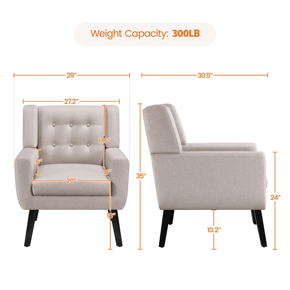 Topeakmart 2PCS Modern Upholstered Accent Armchair with Solid Wood Legs for Living Room, Beige - Image 4