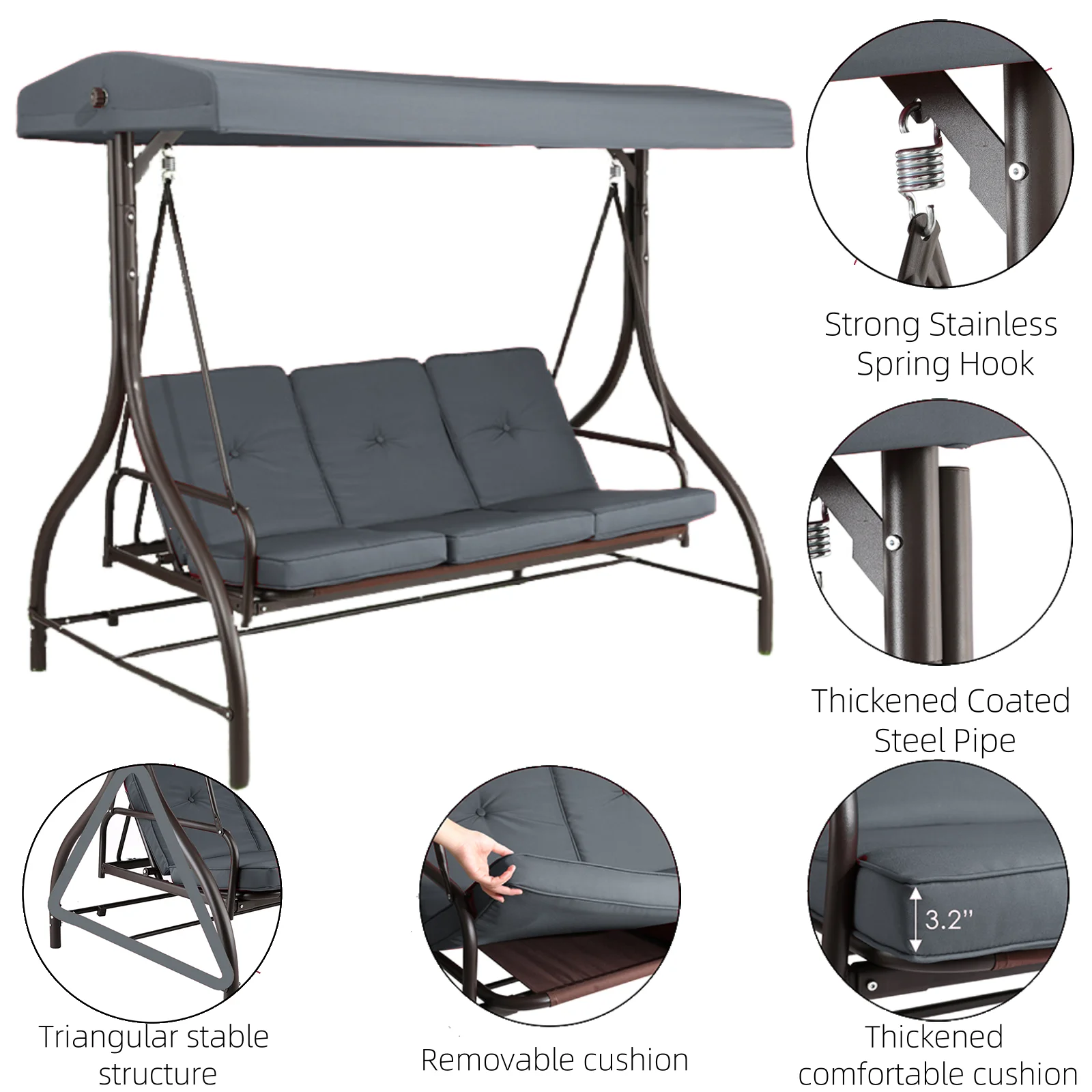 Arlopu 3 Person Porch Swing Outdoor Converting Canopy Swing Glider with Canopy - Image 17