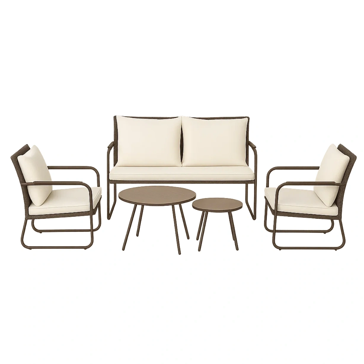 Muebles de salón para jardín,5 piezas,con estructura metálica y asiento de ratán,color marrón,y cojines color crema,mesa redonda,diámetro 60x45 cm,2 sillas 60x60x80 cm,sofá 120x60x80 cm,mesa auxiliar,diámetro 30x40 cm. - gAv5s2wMz5P2