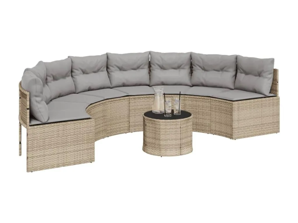 Sofá de jardín con cojines semicirculares de resina tejida en color beige. 42905SDFS