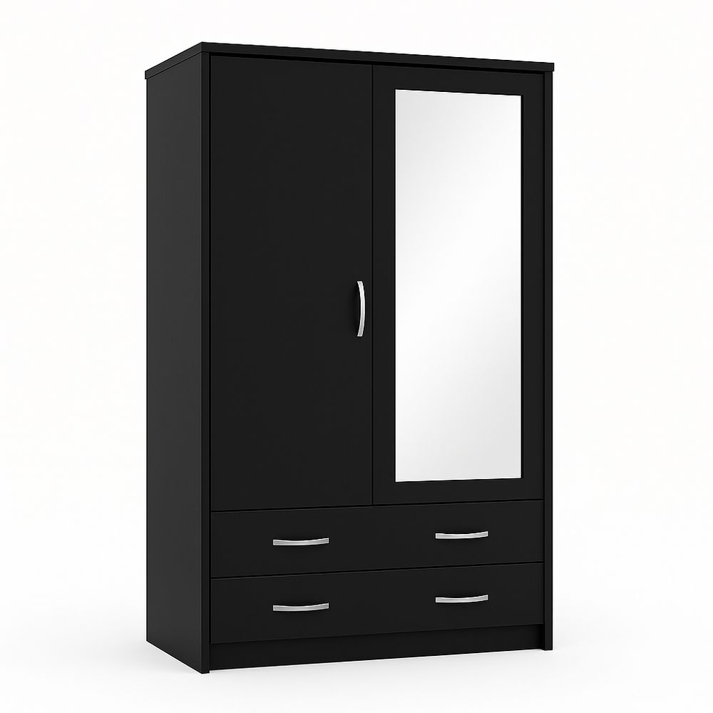Armario moderno de almacenamiento con espejo, puertas corredizas y cajones, diseño minimalista negro, 180x90x45 cm