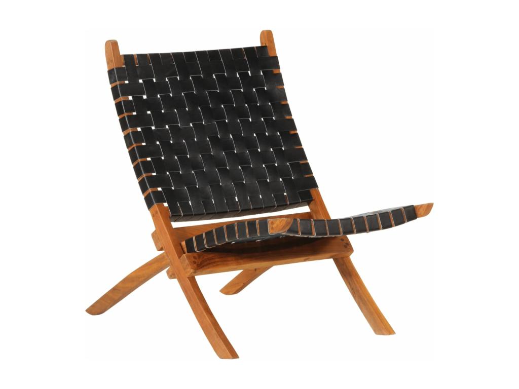 Silla de relax plegable cuero auténtico negro