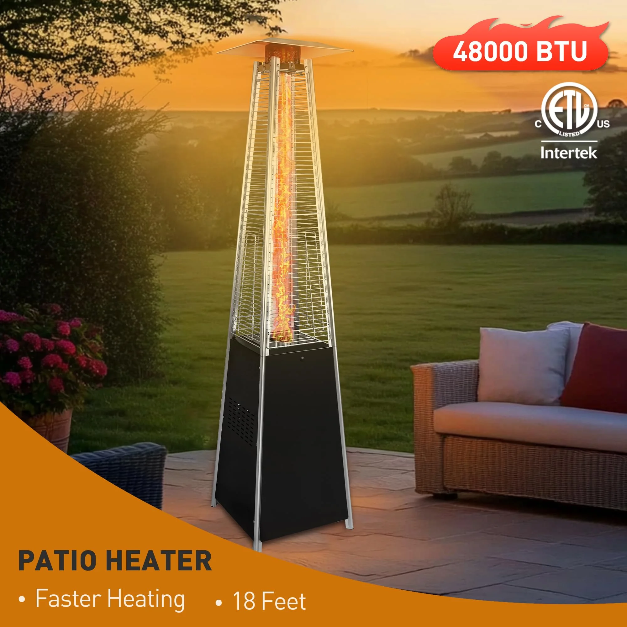 Segmart 48,000 BTU Pyramid Patio Heater, Tall Standing Outdoor Propane Heater with Wheels & Tip-Over Safety Protection, Visible Flame Glass Tube for Backyard, Garden, Commercial Use - Gray - Image 13