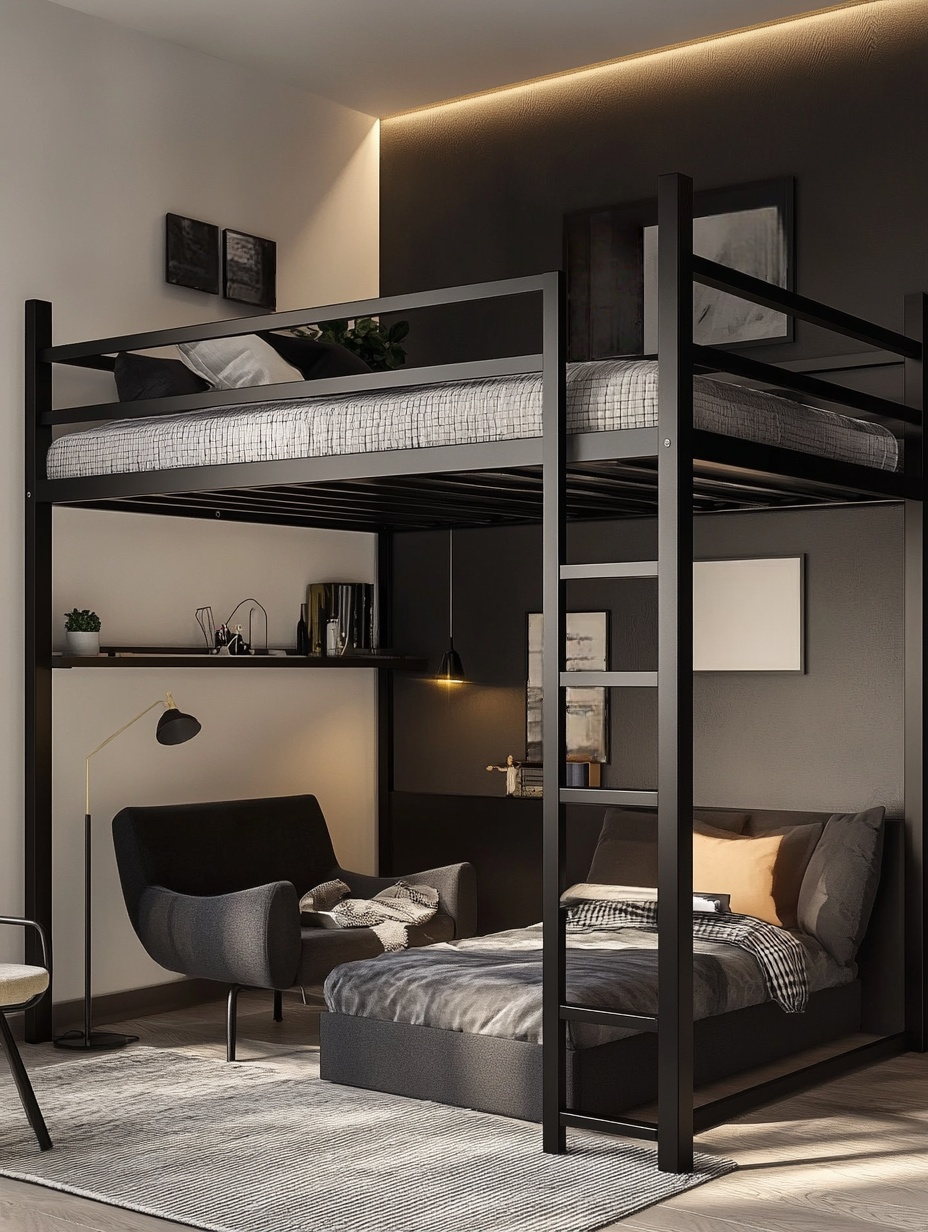 Cama alta niño con estante,color negro,metal (acero),dormitorio infantil,254x197x146 cm