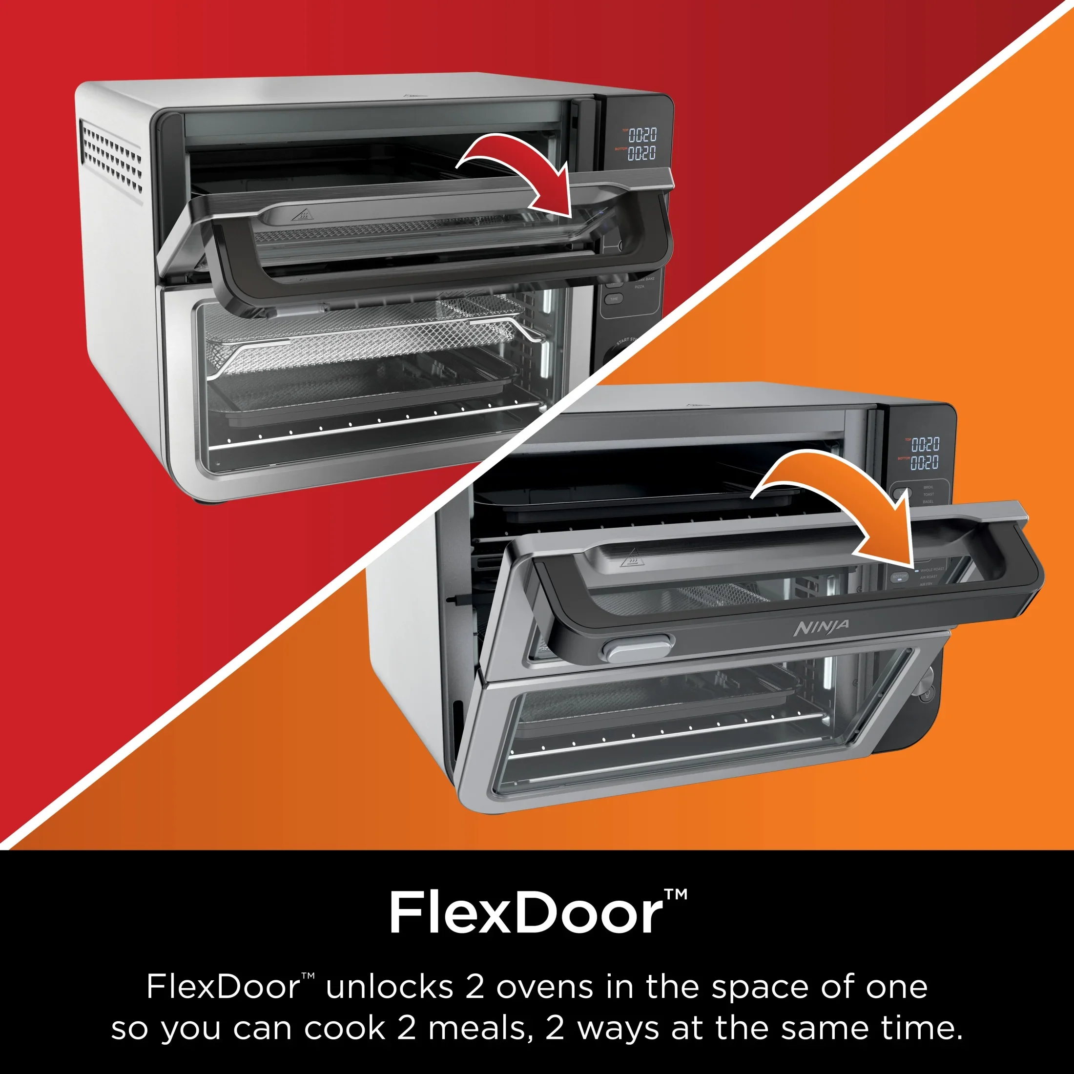 Ninja 10-in-1 Air Fryer, Double Door Toaster Oven with FlexDoor, FlavorSeal & Smart Finish, Rapid Top Convection and Air Fry Bottom, Bake, Toast, Air Fry, Pizza and More, Stainless Steel, DCT400