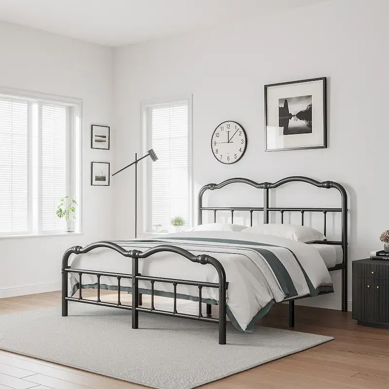 Sturdy 18-Inch High Steel Tube Iron Bed with Double Wave Headboard and Footboard
