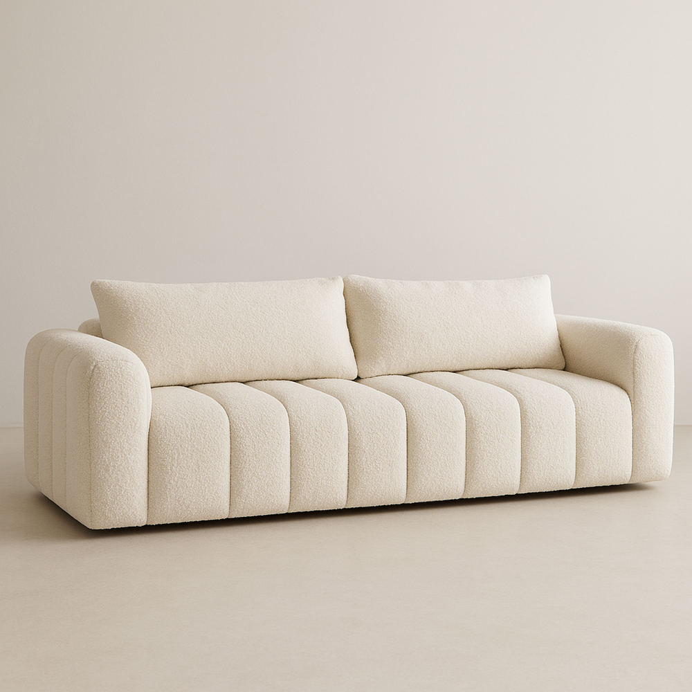 Sofá de Tres Plazas Beige Rectangular de Tejido Bouclé 220x95x75 cm