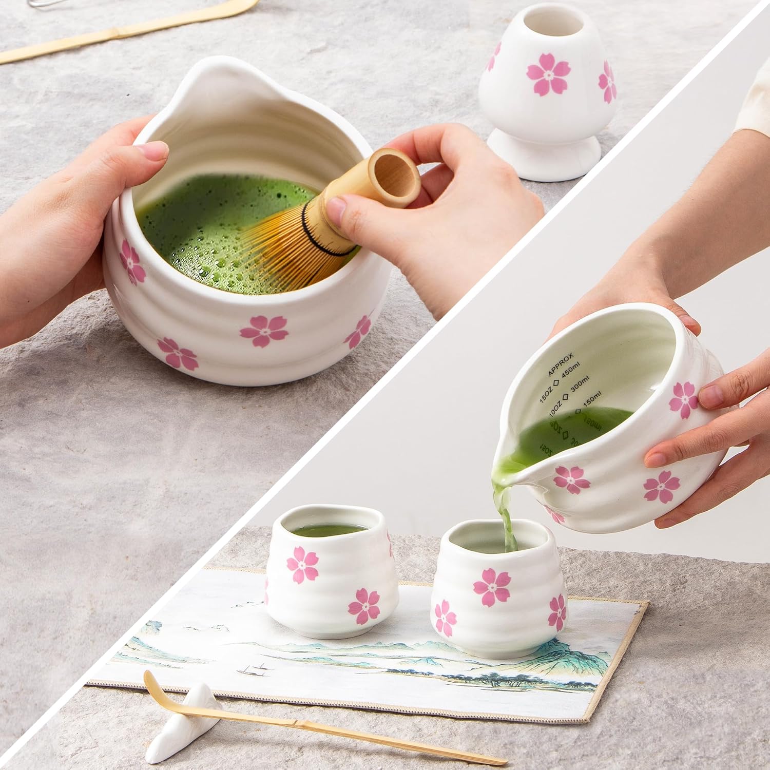 9pcs Premium Matcha Set,Ceramic Bowl with Spout and Bamboo Whisk set, Ceremonical Matcha Kit for breakfast/latte,Tea Starter Making Kit, Unique Christmas/Valentine Gift (Sakura 9pcs)