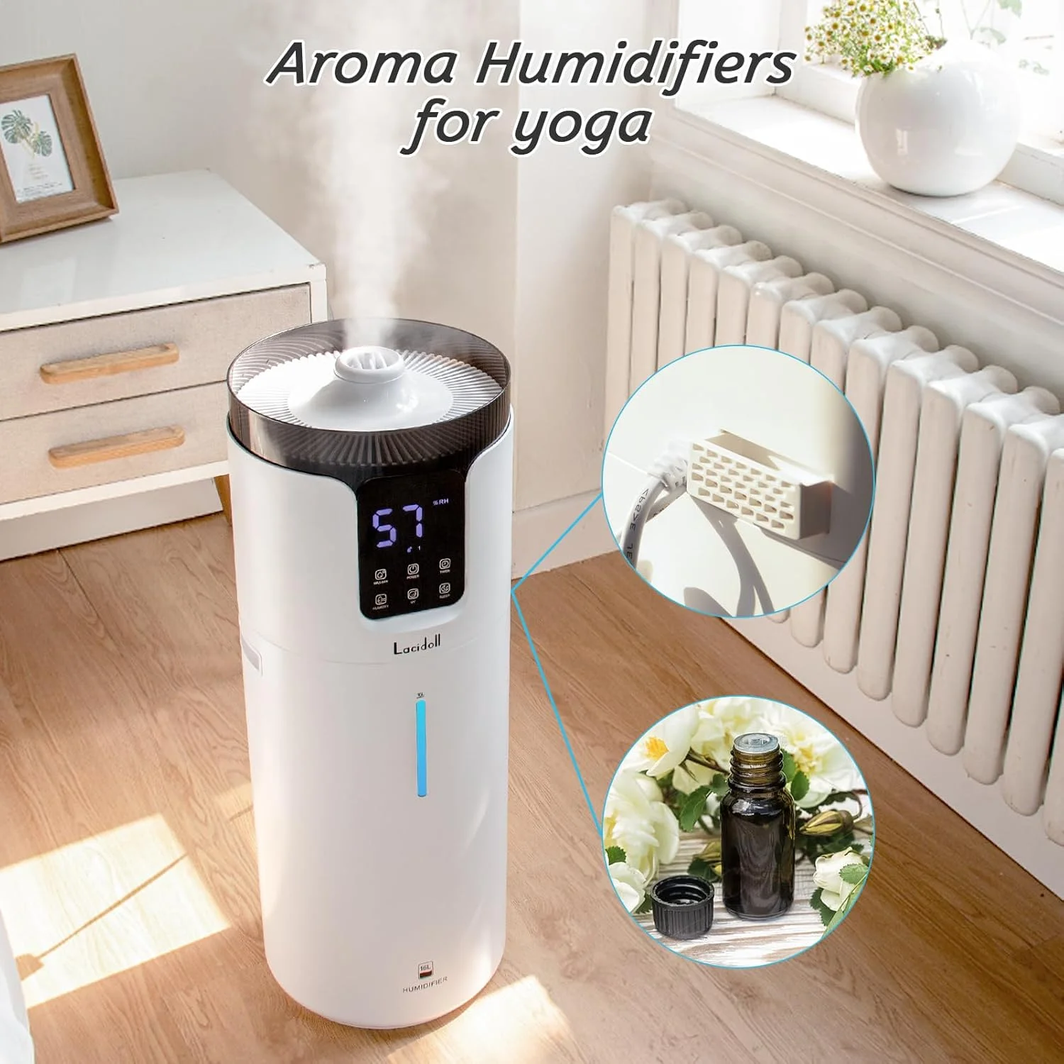 LACIDOLL Humidifiers for Large Room Home Bedroom, 4.2Gal 16L 1000ML/H Ultrasonic Cool Mist Humidifiers for 1000 Sq.ft - Essential Oil Tray, 4 Mist Speed Settings, Remote - Image 6