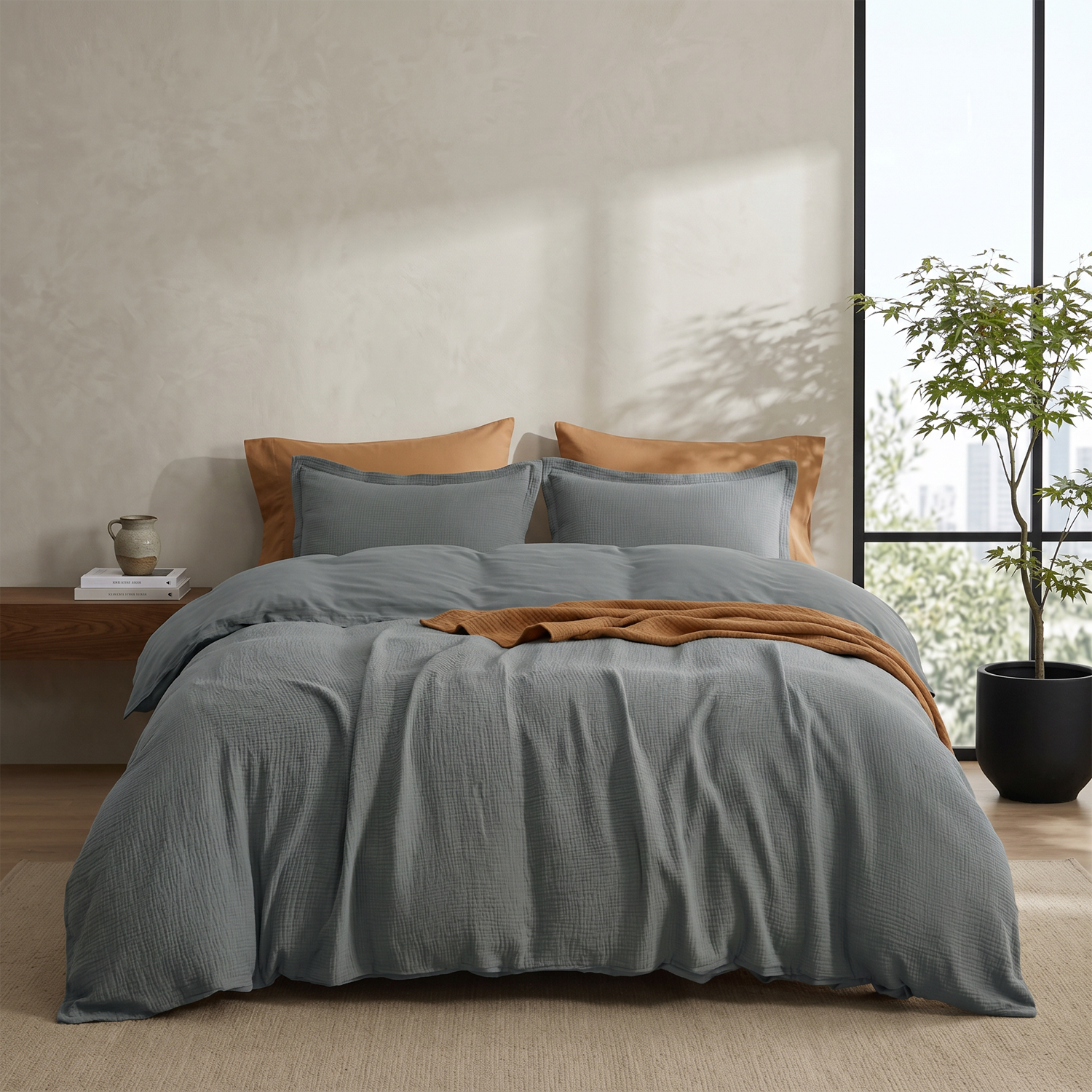 Modern Style 3-Piece 100% Cotton Muslin Comforter Bedding Set Soft Breathable Skin Friendly for Bedroom