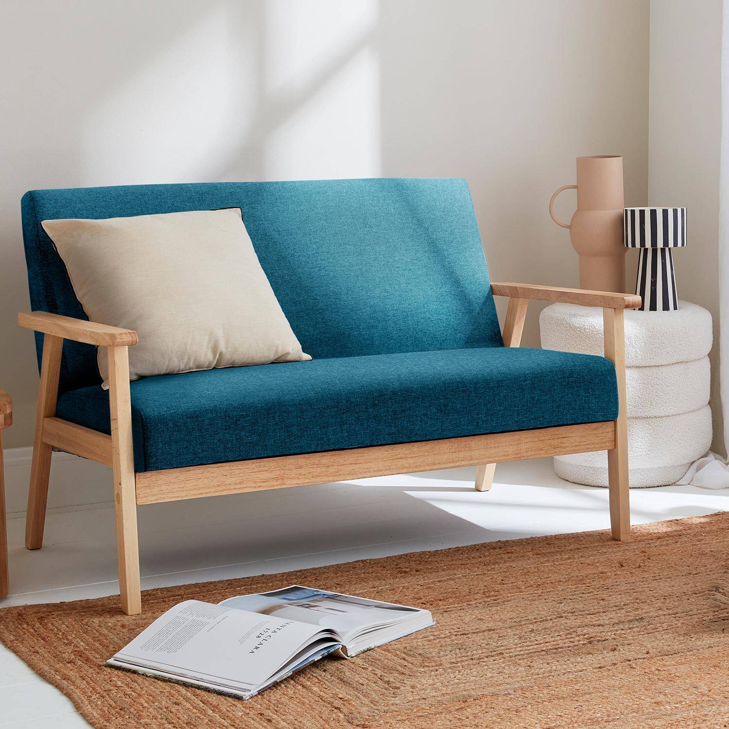 Isak - Sofá o banco con tela y patas de madera, 2 plazas