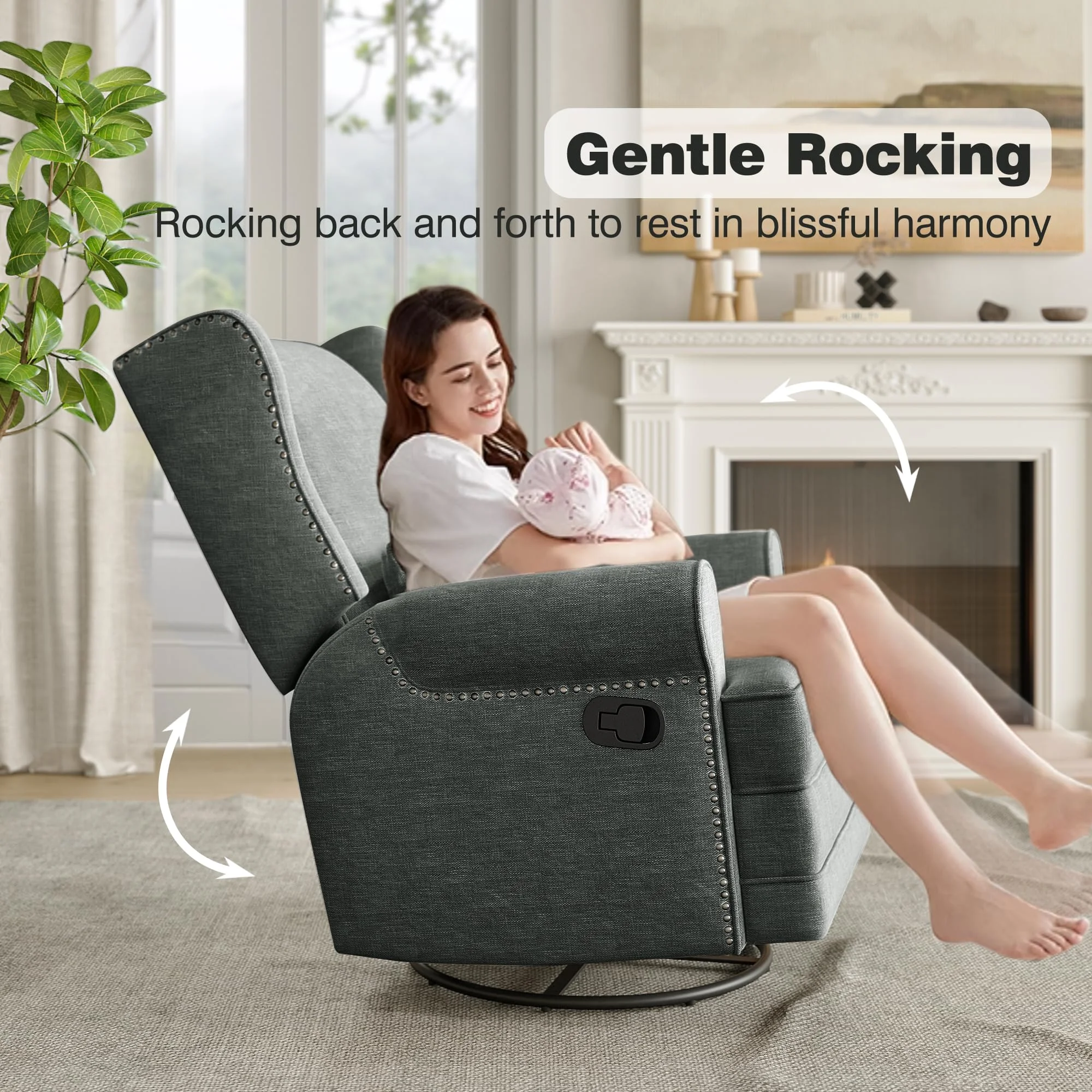 Royalcraft Swivel Nursery Glider Recliner, Comfy Upholstered Glider Chair with Lumbar Pillow and Footrest, Beige - Image 18