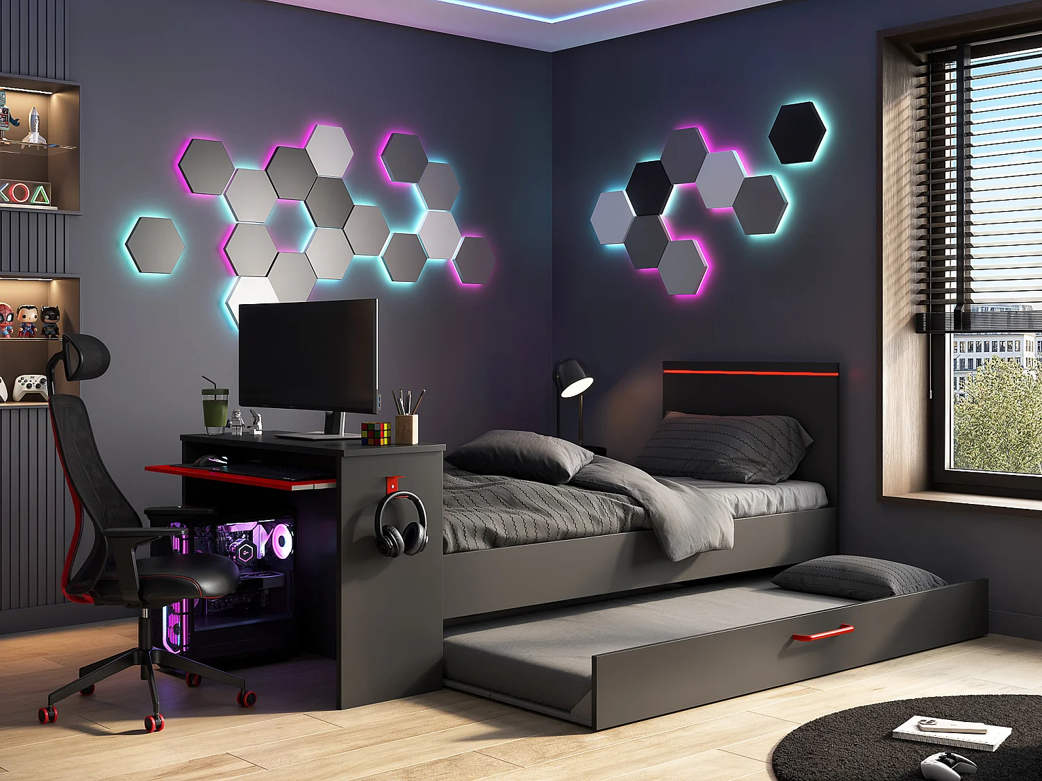 Cama nido gamer 90 x 200 et 90 x 190 cm - Con escritorio - LEDs - Antracita y rojo + colchón + Somier - VOUANI