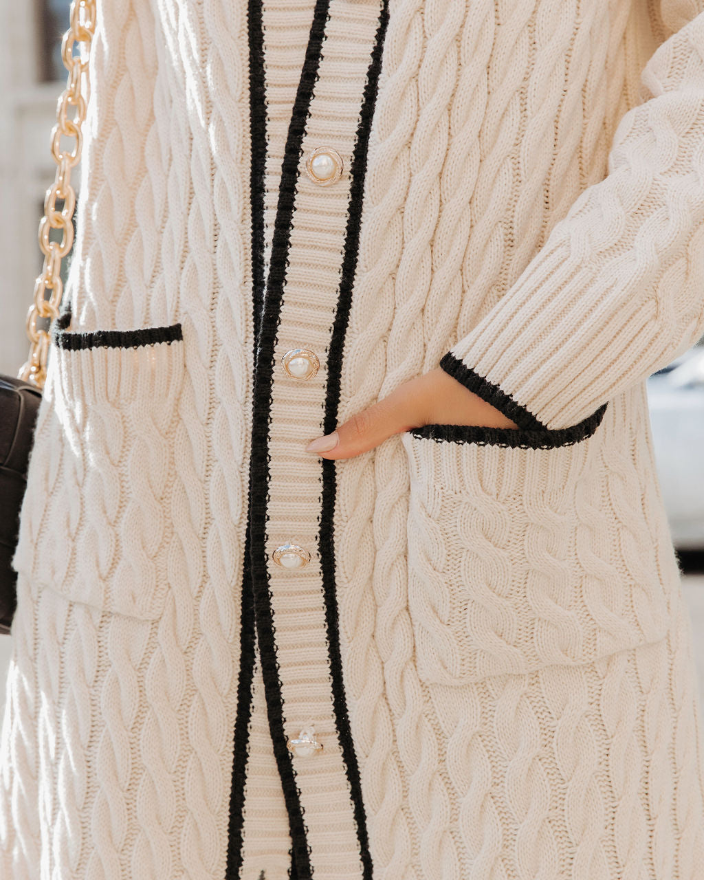 5Th Avenue Cable Knit Pocketed Cardigan - Cream - Se7enfashion