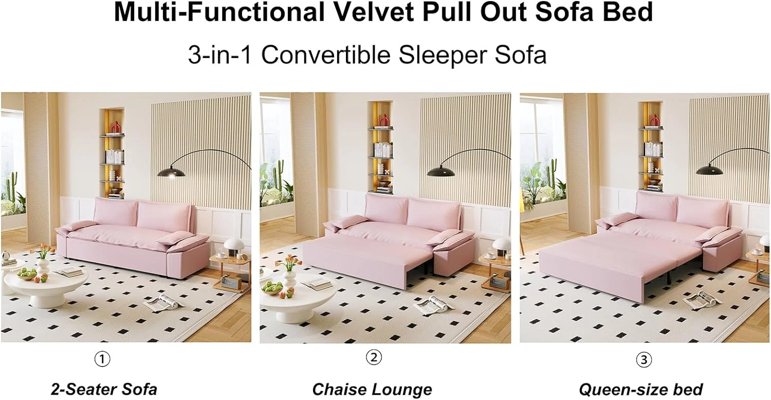 Tabaray 63.8" Futon Sofa Bed Queen Size, Pull Out Bed, 3-in-1 Convertible Sleeper Sofa with Side Pocket, Modern Plush Velvet Futon Couch for Living Room, Small Space, Apartment, Bedroom, Black - Image 29