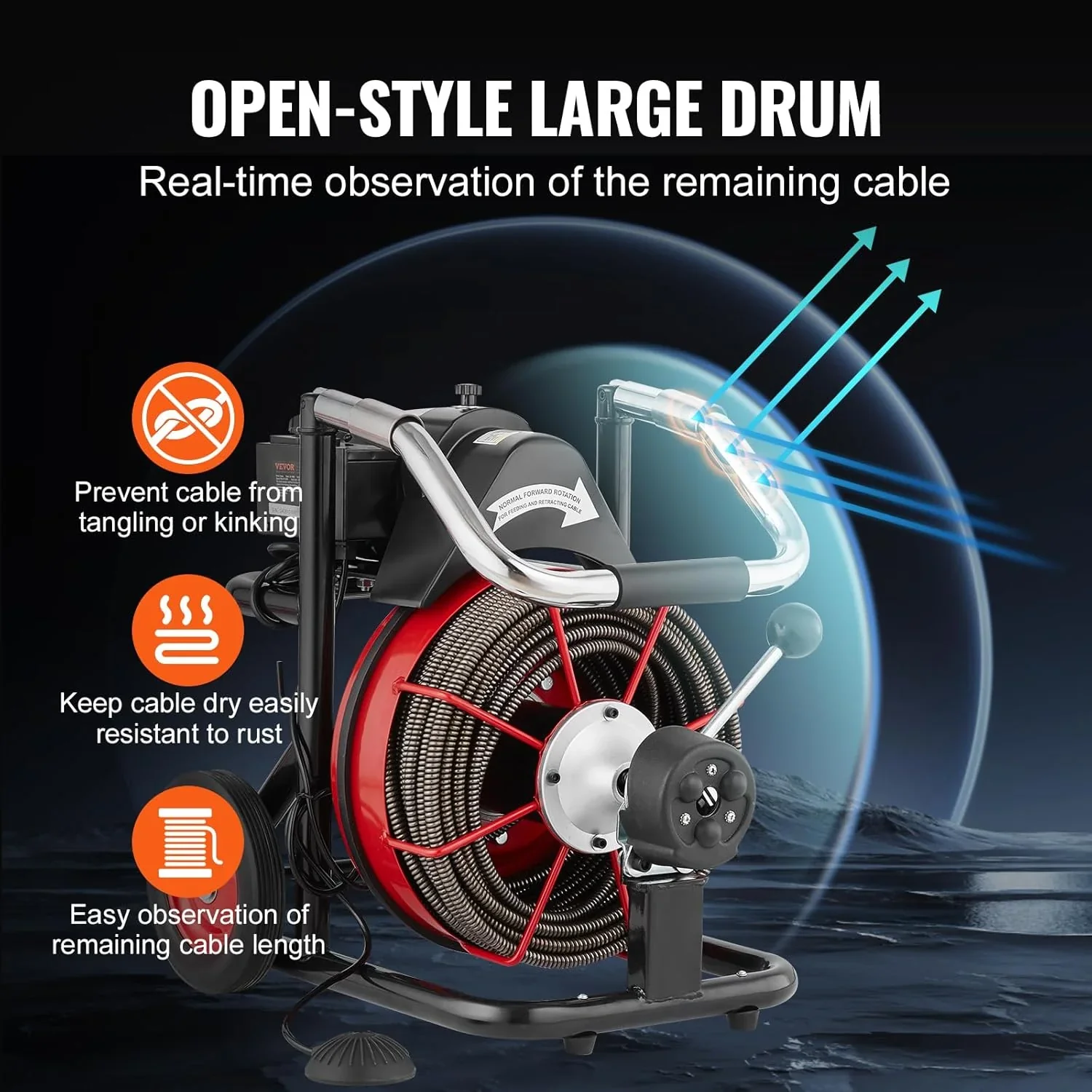 Drain Cleaner Machine 100FT x 1/2 Inch, Auto Feed Sewer Snake Auger on Wheels, 550W Portable Drain Cleaning Machine with 8 Cutters & Air-activated Foot for 2" to 4" Pipes