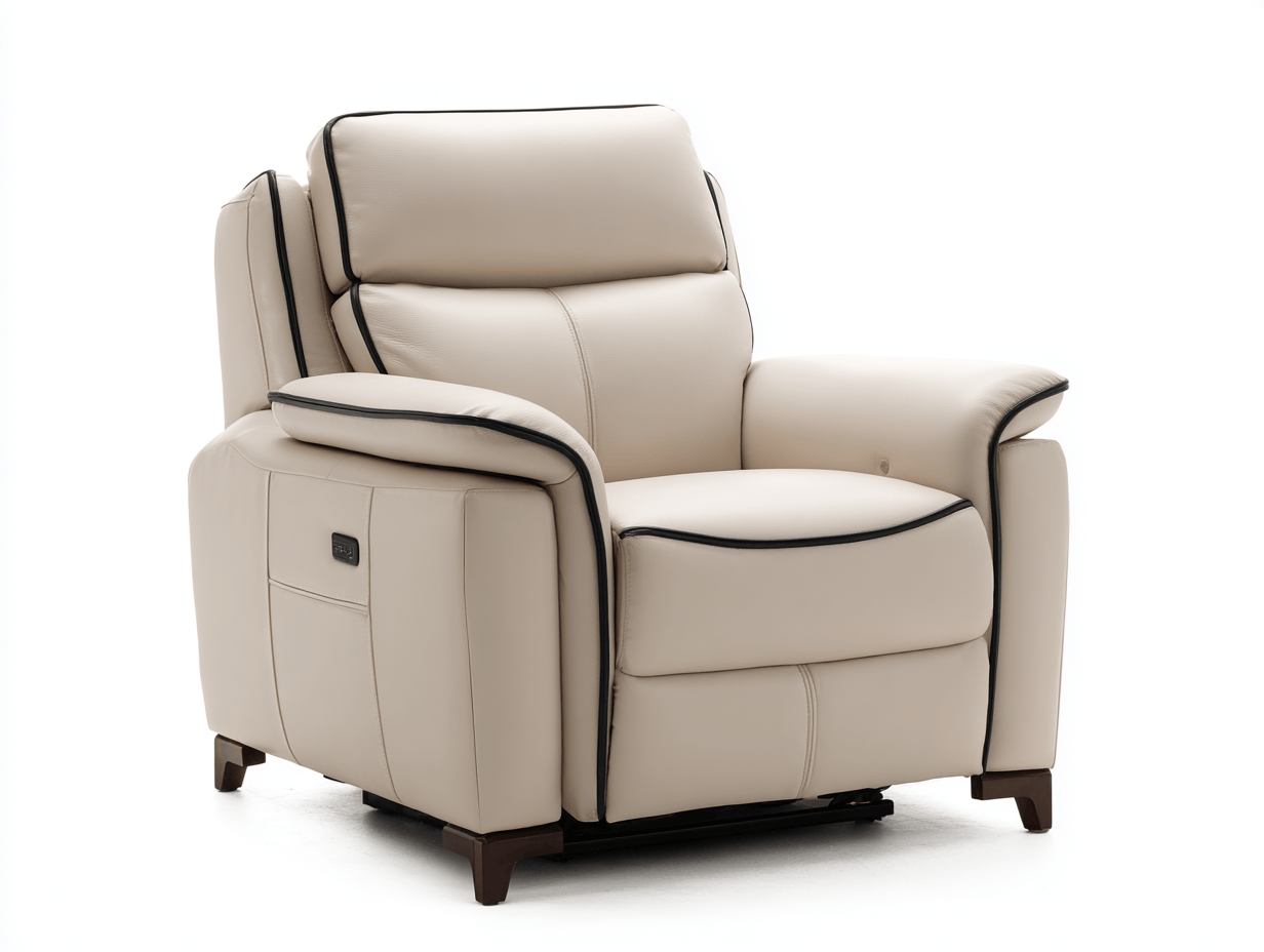 Sillón reclinable de cuero beige con ribete negro y función de reclinado eléctrico 90×95×110 cm – estilo moderno
