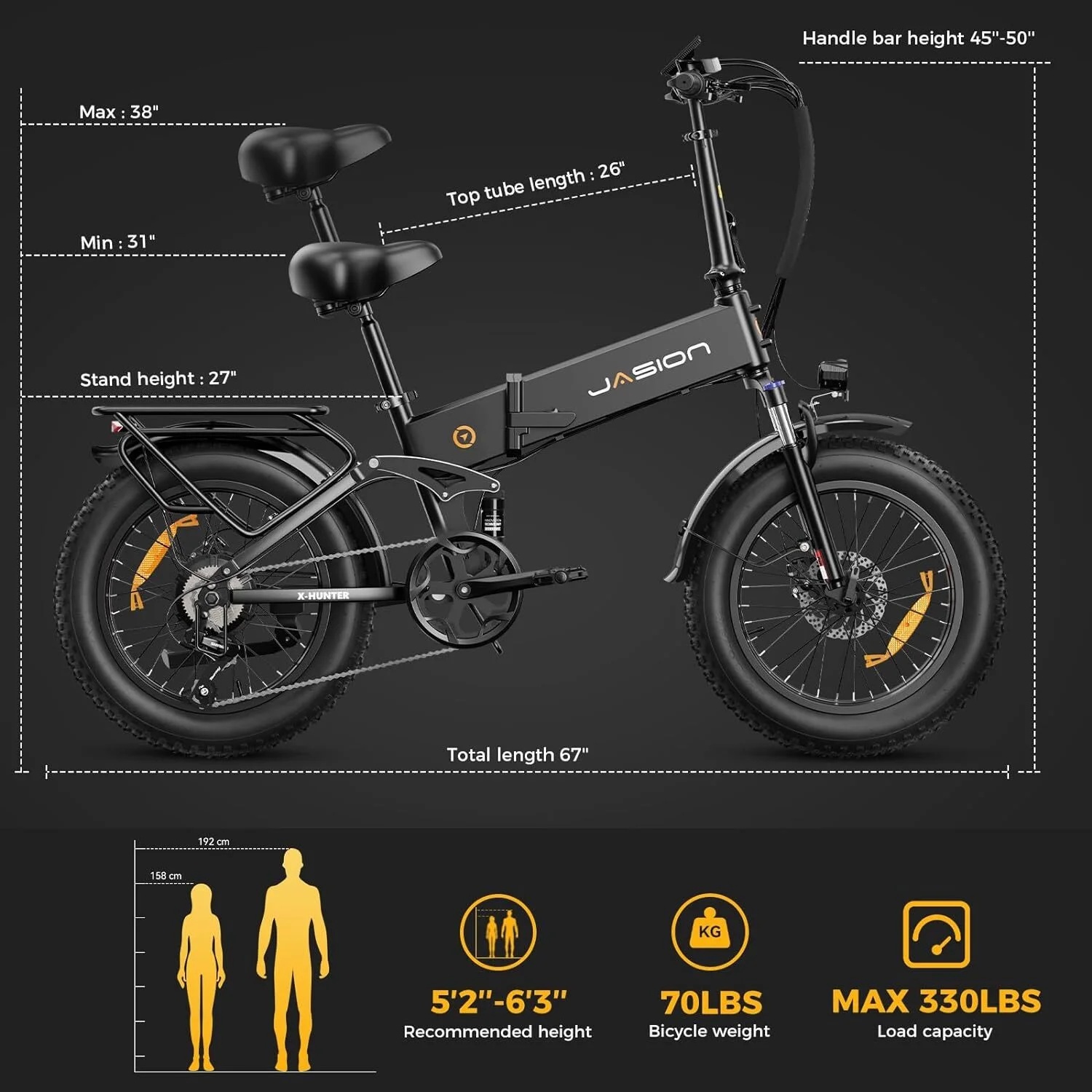 Jasion X-Hunter Electric Bike for Adults, 750W Motor Electric Bicycle with 48V 13AH Removable Battery, 20" x4.0 Fat Tire Folding Ebike, Full Suspension, 7-Speed Bicycles - Image 27