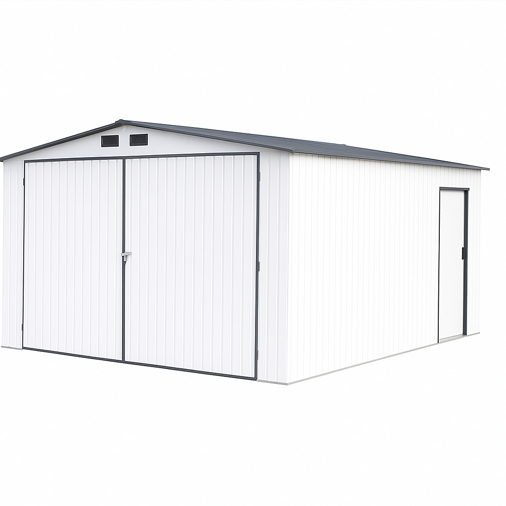 Garaje de metal, doble puerta exterior para almacenamiento, blanco