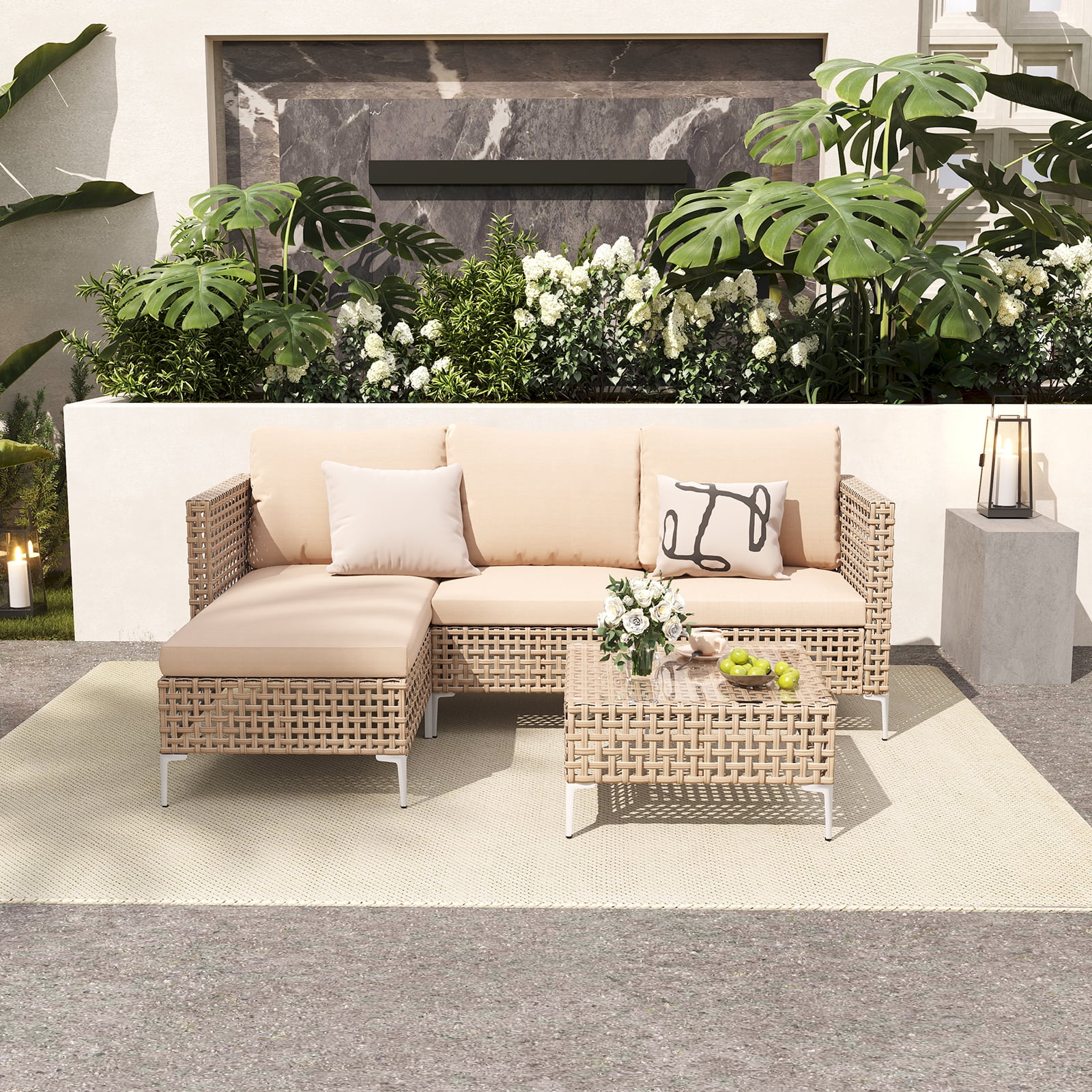 3 Piece Patio Furniture Set with Chaise Longue & Coffee Table, Outdoor Wicker Conversation Set for Patio, Porch, Backyard - All-Weather Yellow/Beige Cushions (Waterproof & Fade-Resistant) - Image 5