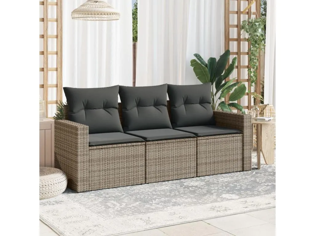 Set de sofá de jardín 3 piezas y cojines ratán sintético gris