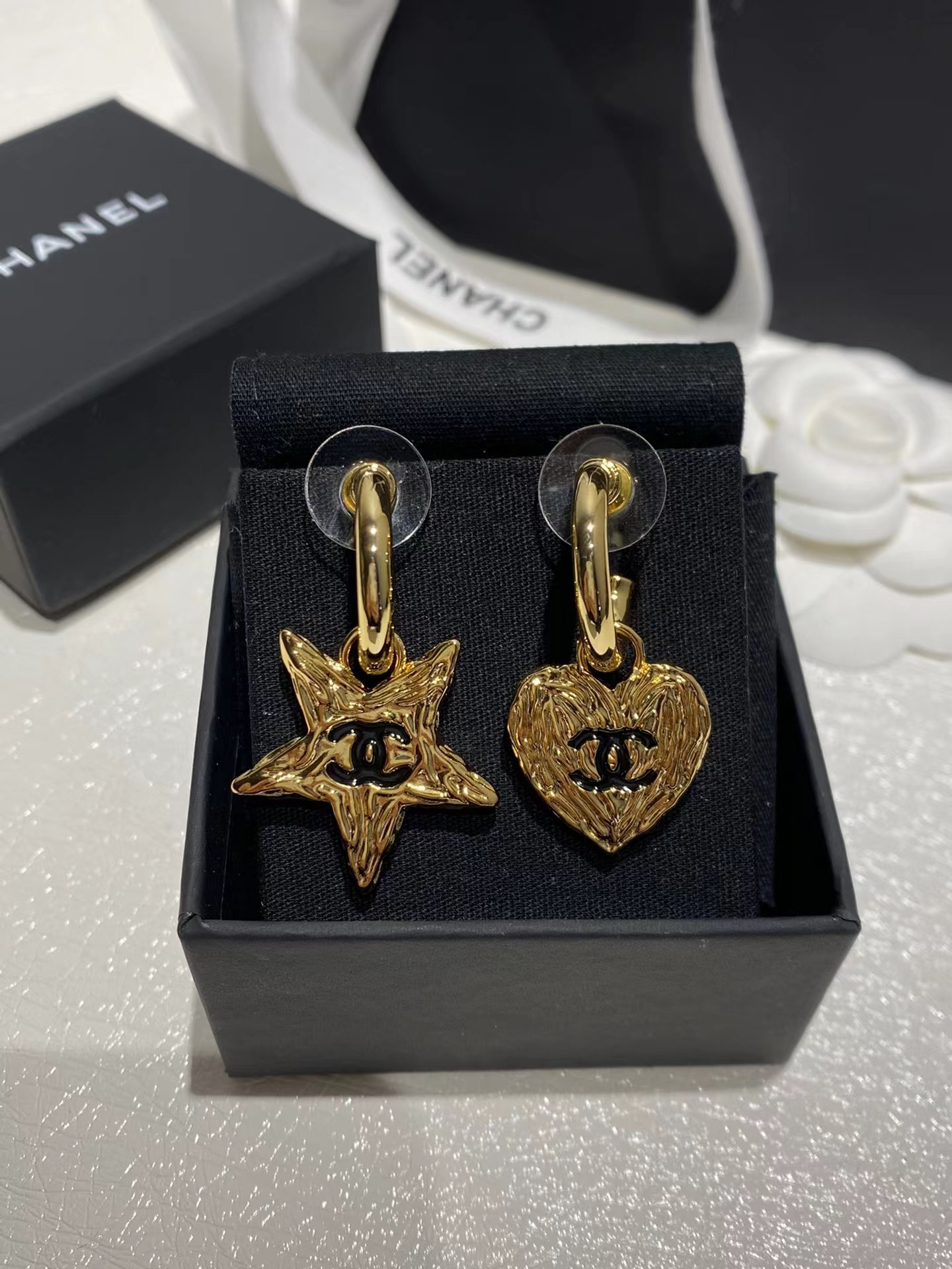 Chanel Asymmetric Star and Love Heart Dangle Earrings - Original Replica Club