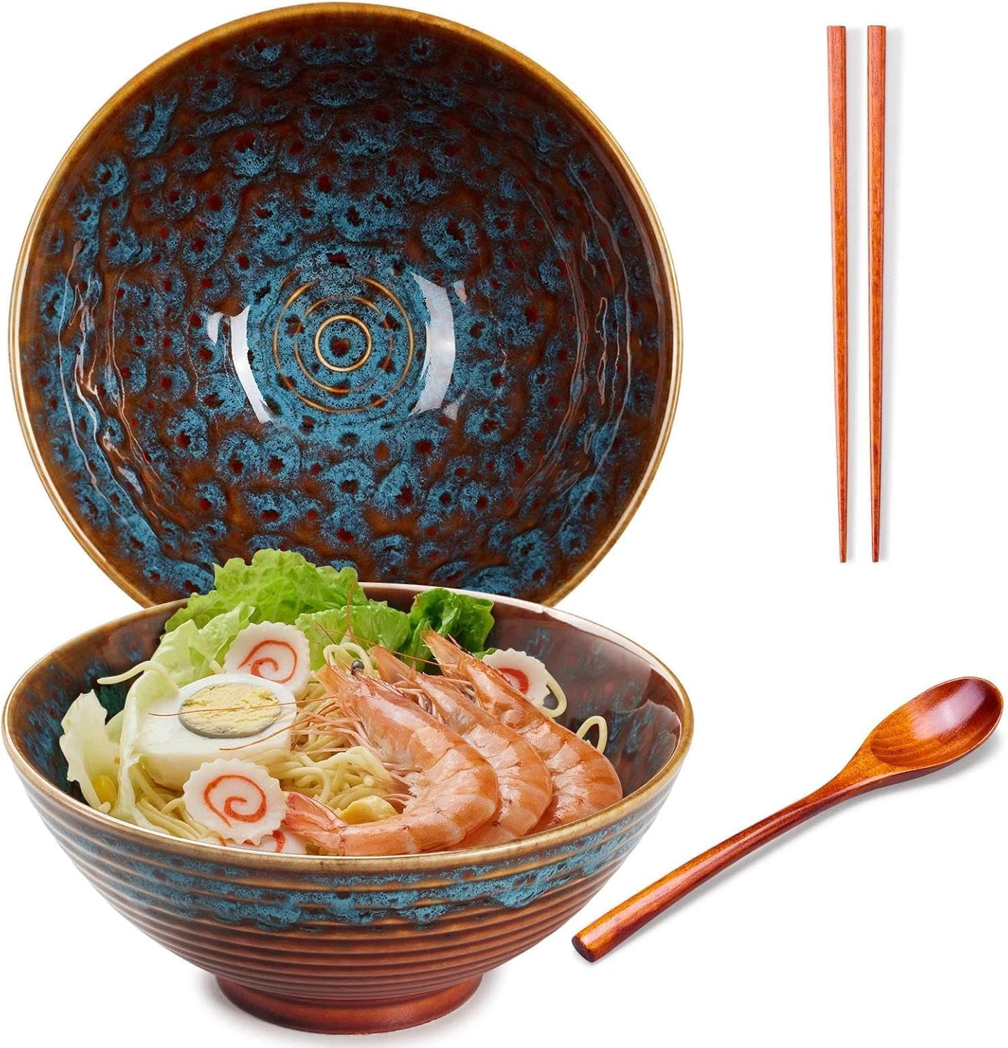 Ceramic Ramen Bowls - 40 oz - 20cm - With Spoon and Chopsticks for Ramen Soup Pho Udon Asian Noodles, Large Noodle Bowls (Cat's eye glaze)
