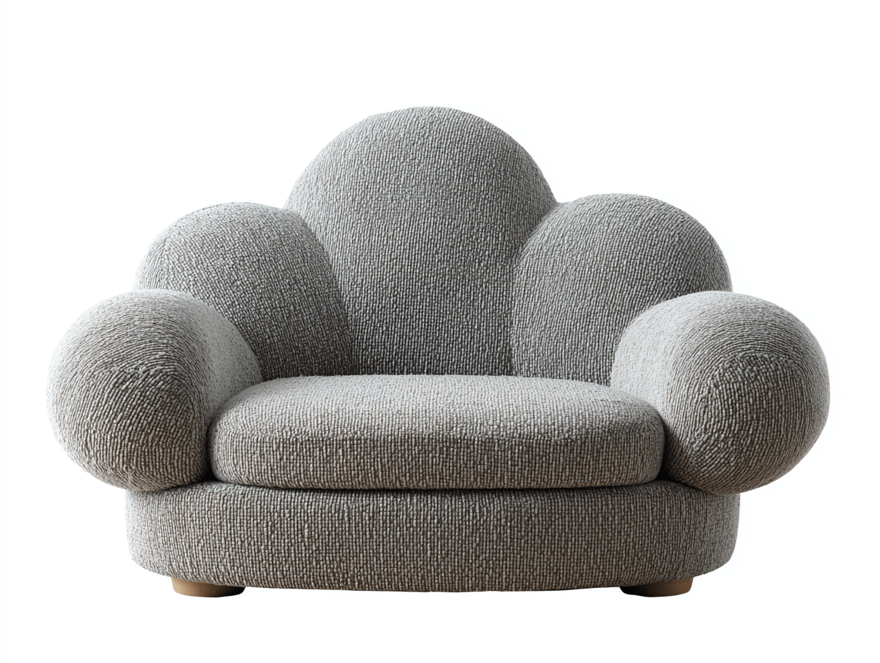 Sillón tapizado en tejido gris 128×95 cm – diseño ergonómico en forma de nube – base baja de madera