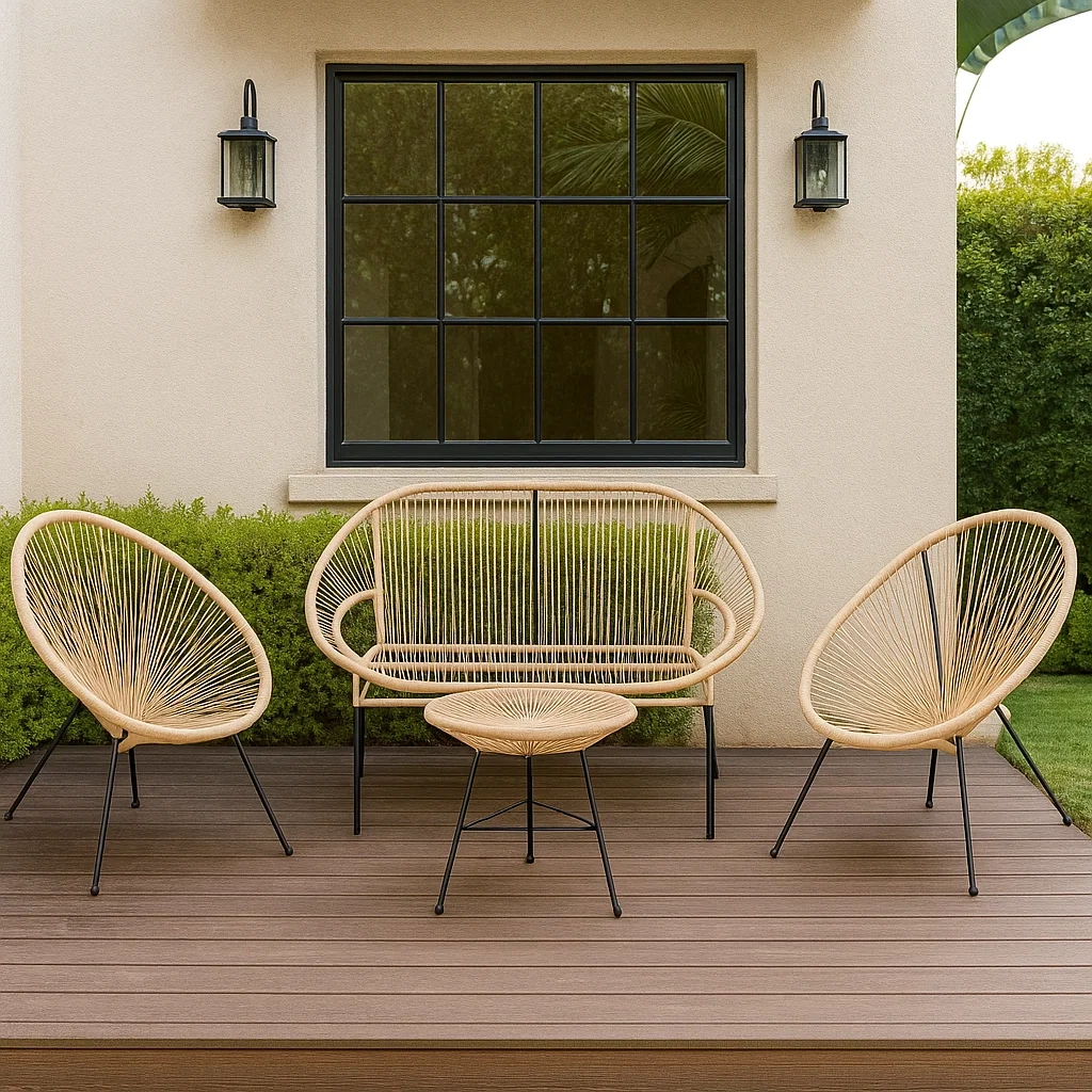 Conjunto de jardín de metal: 1 banco de 2 plazas, 2 sillones y 1 mesa baja,cuerda beige y estructura negra - HPKupMO207sZ