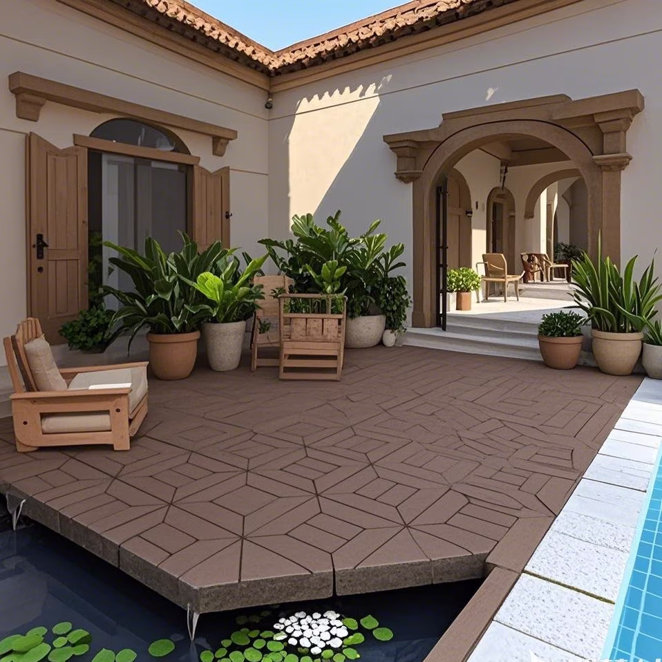 Prilinex 44 PCS Plastic Deck Tiles Outdoor Interlocking Patio Tiles Waterproof for Backyard Porch, 12"w x 12"l, Red Brown(Simulate d pebblestone brown)