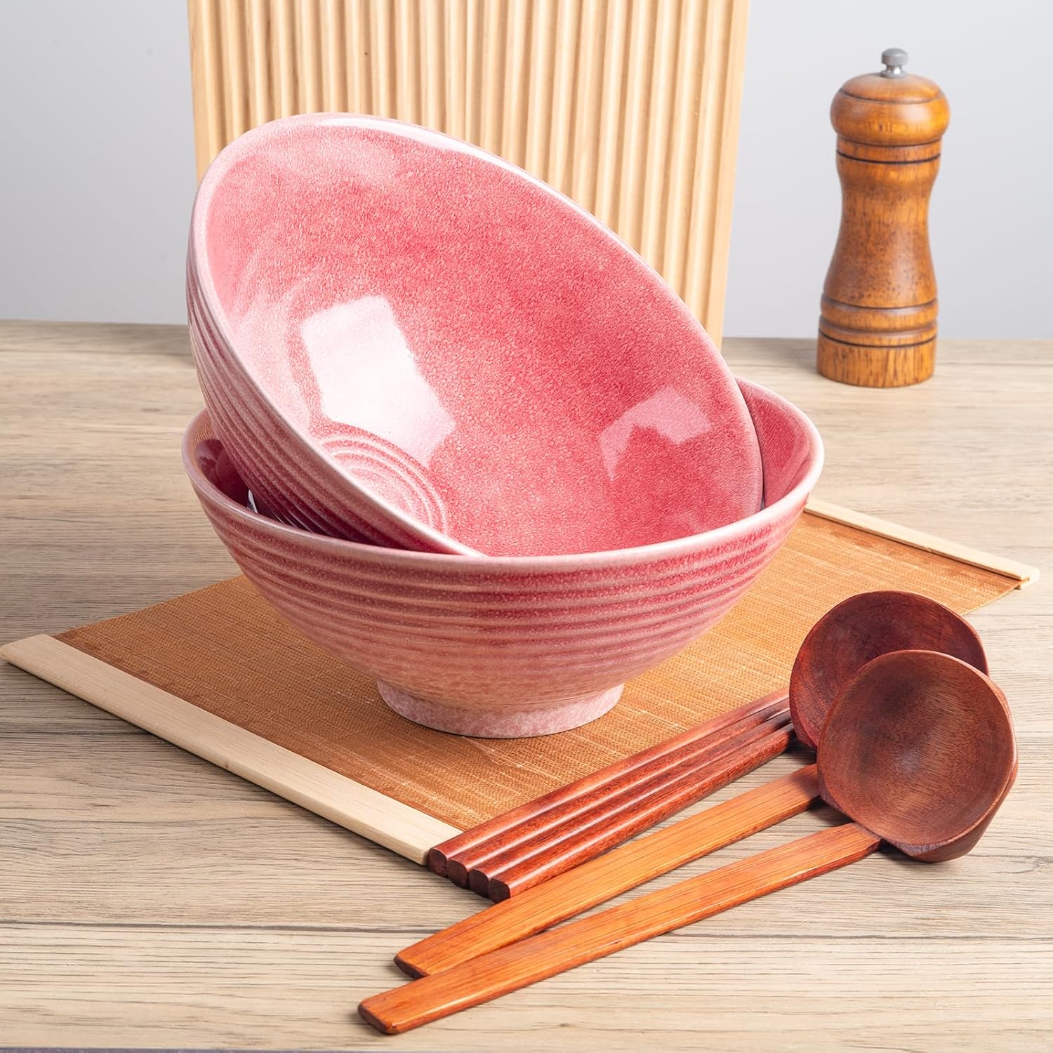 40oz Japanese Ceramic Ramen Bowl Set of 2 with Chopsticks and Spoons for Pho Udon Asian Soup Noodles (Pink)