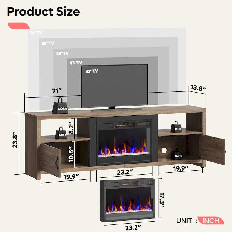 71-Inch TV Stand for 75-Inch TVs with LED Fireplace and Storage Cabinet