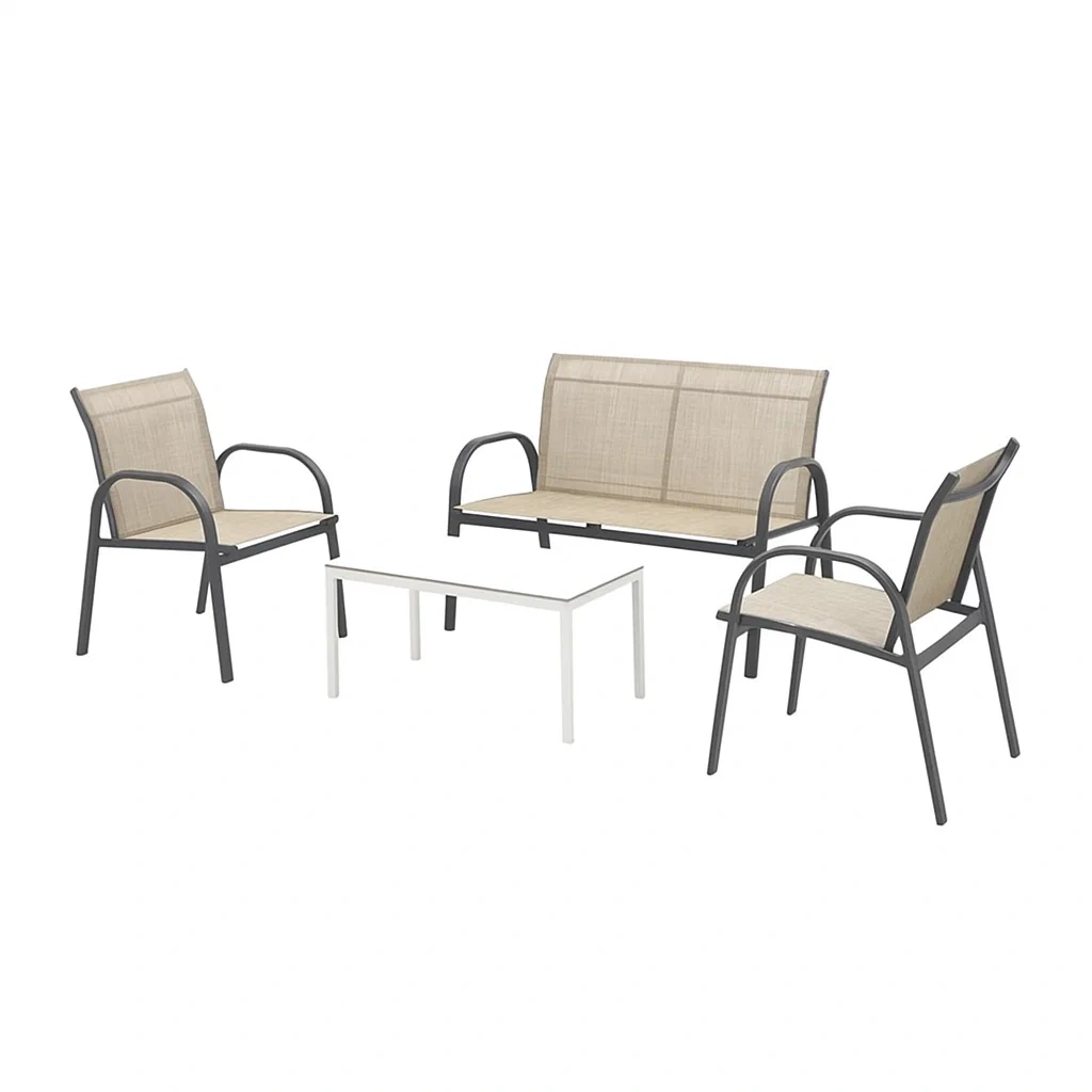 Conjunto de jardín con sofá de 2 plazas, 2 sillones y 1 mesa baja,Estructura de acero negro y textileno beige - bwzZULj220Ci