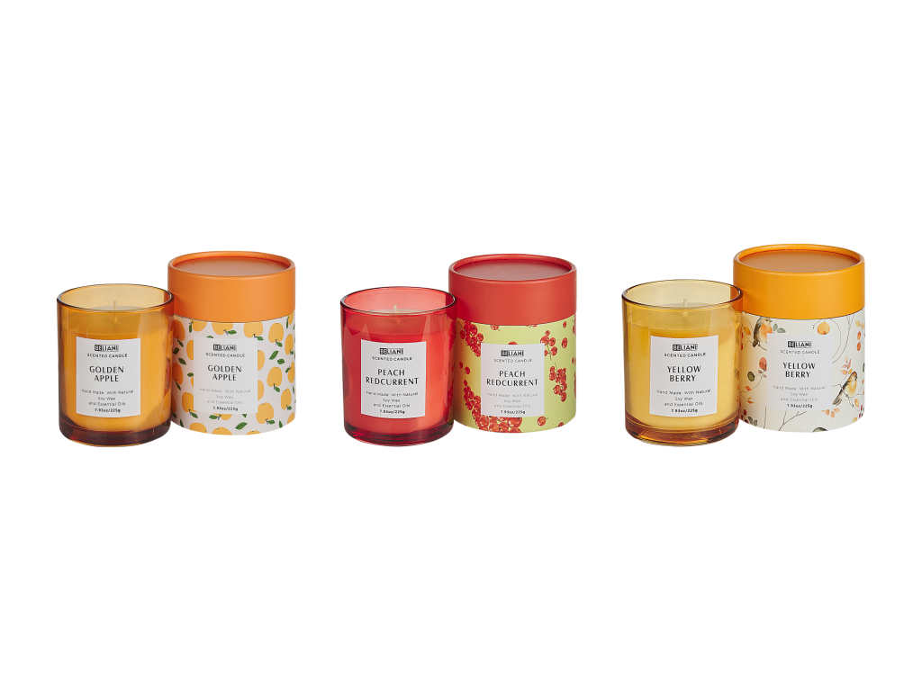 Conjunto de 3 velas aromáticas COLORFUL BARREL Cera de soja Notas afrutadas