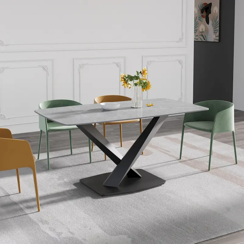 63-Inch Contemporary Dining Table with Slate Stone Surface and Metal Legs, Marble Finish