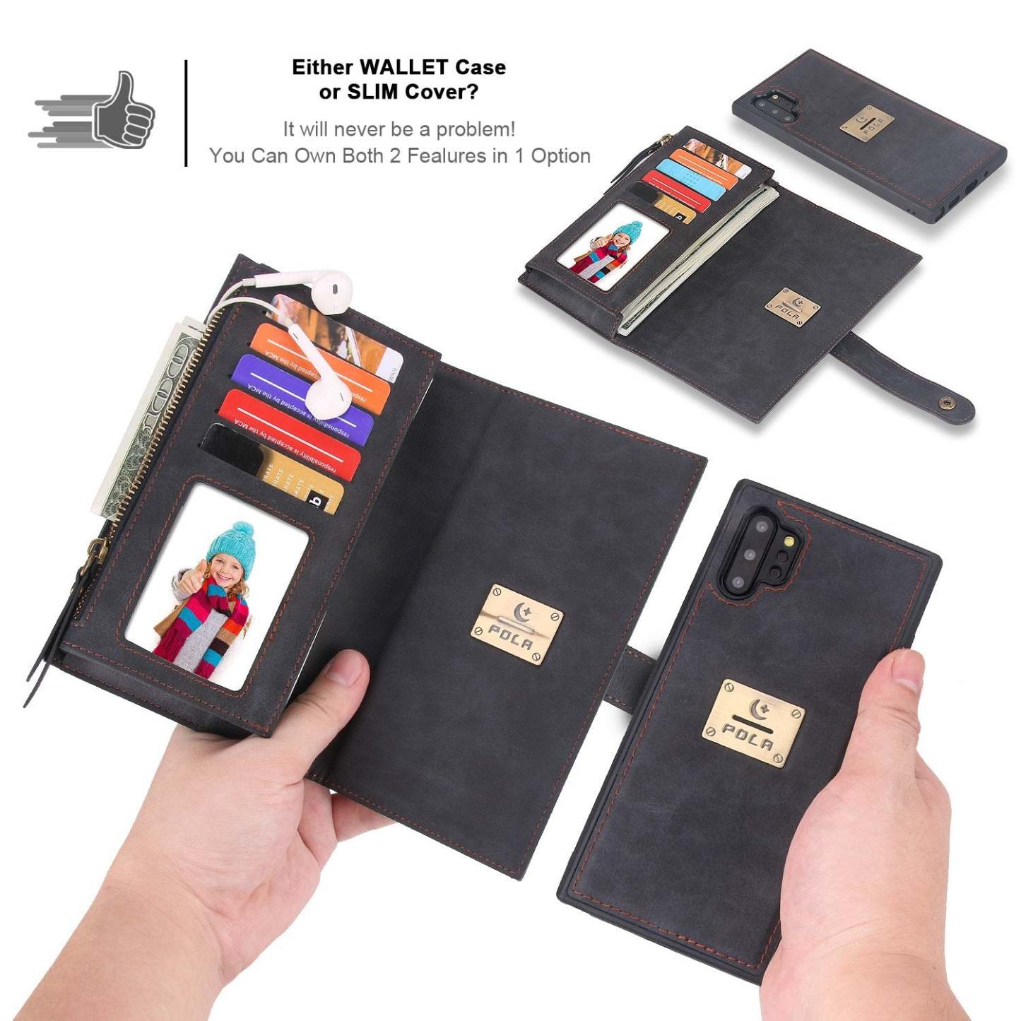POLA Samsung Wallet Case , Leather Zipper Purse Detachable Magnetic 10 Card Slots Money Pocket Clutch Protection Back Cases Cover