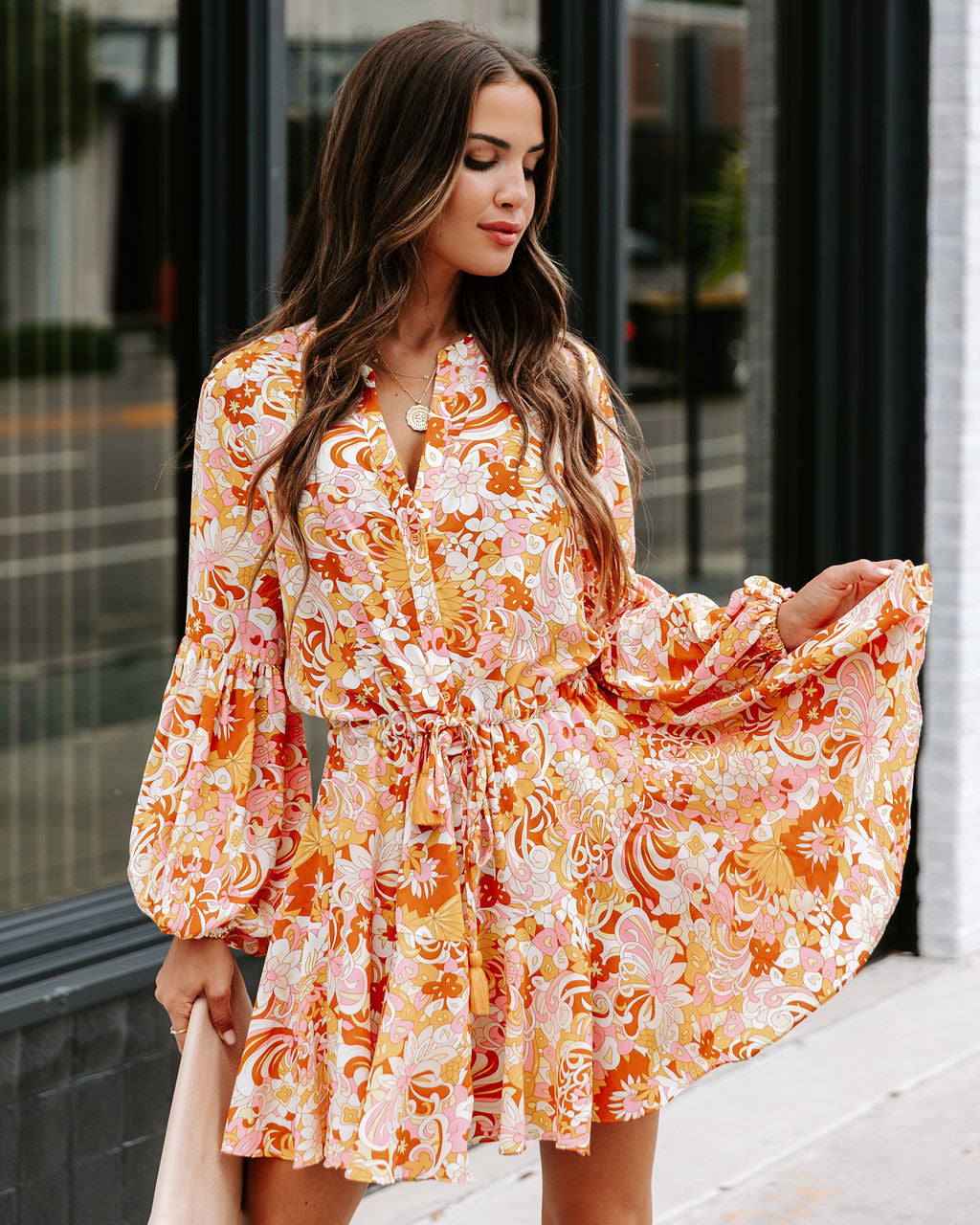Groovy Doll Floral Adjustable Balloon Sleeve Dress - Se7enfashion