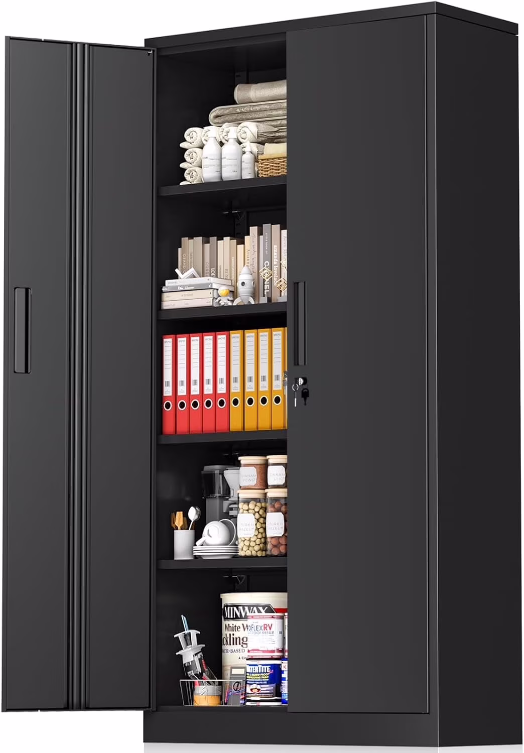SOLAURA 71" Metal Garage Storage Cabinet with Locking Doors and Adjustable Shelves for Home, Office(Black)(Black Green)