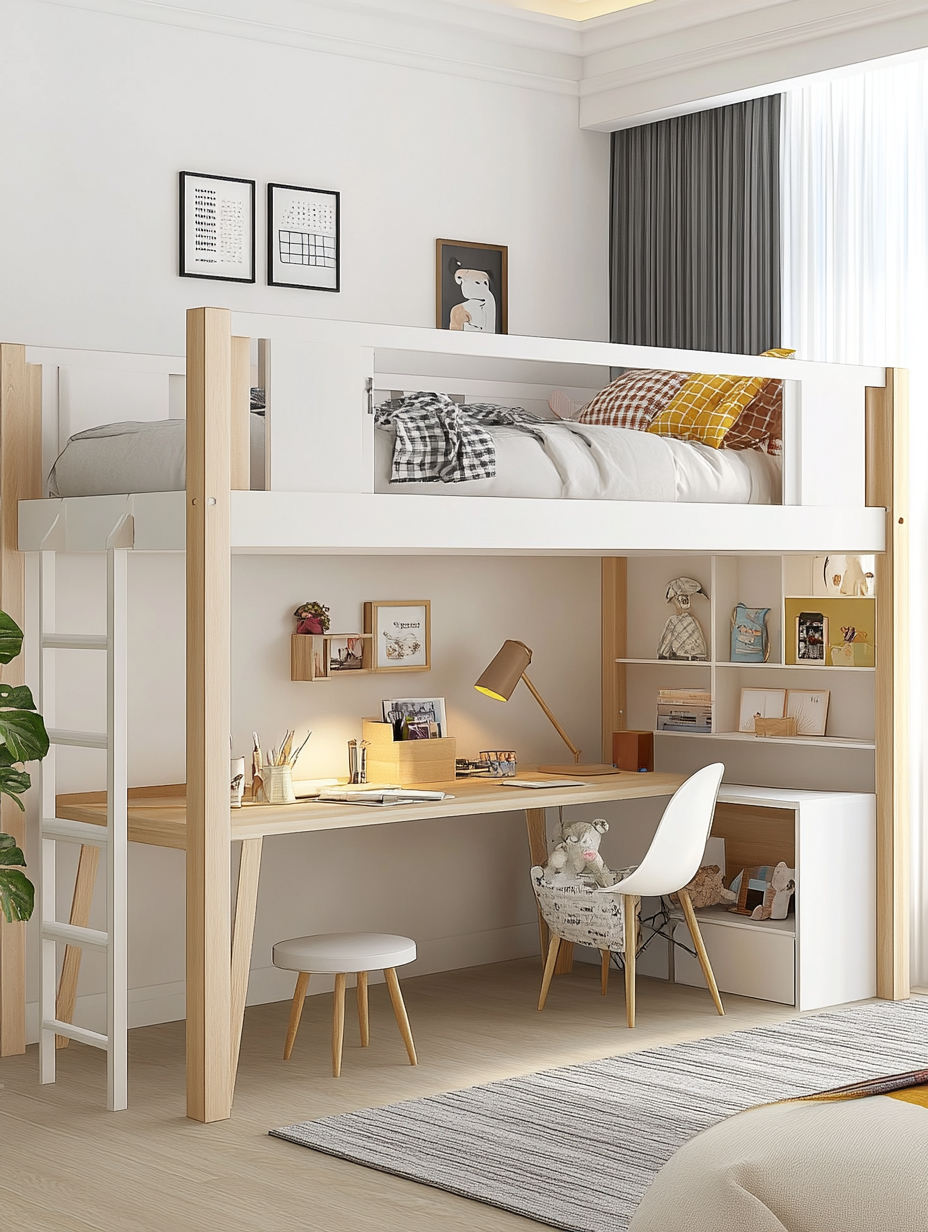 Cama alta niño con escritorio y estantería,color blanco/madera,tablero de melamina,dormitorio infantil,235x180x108,5 cm