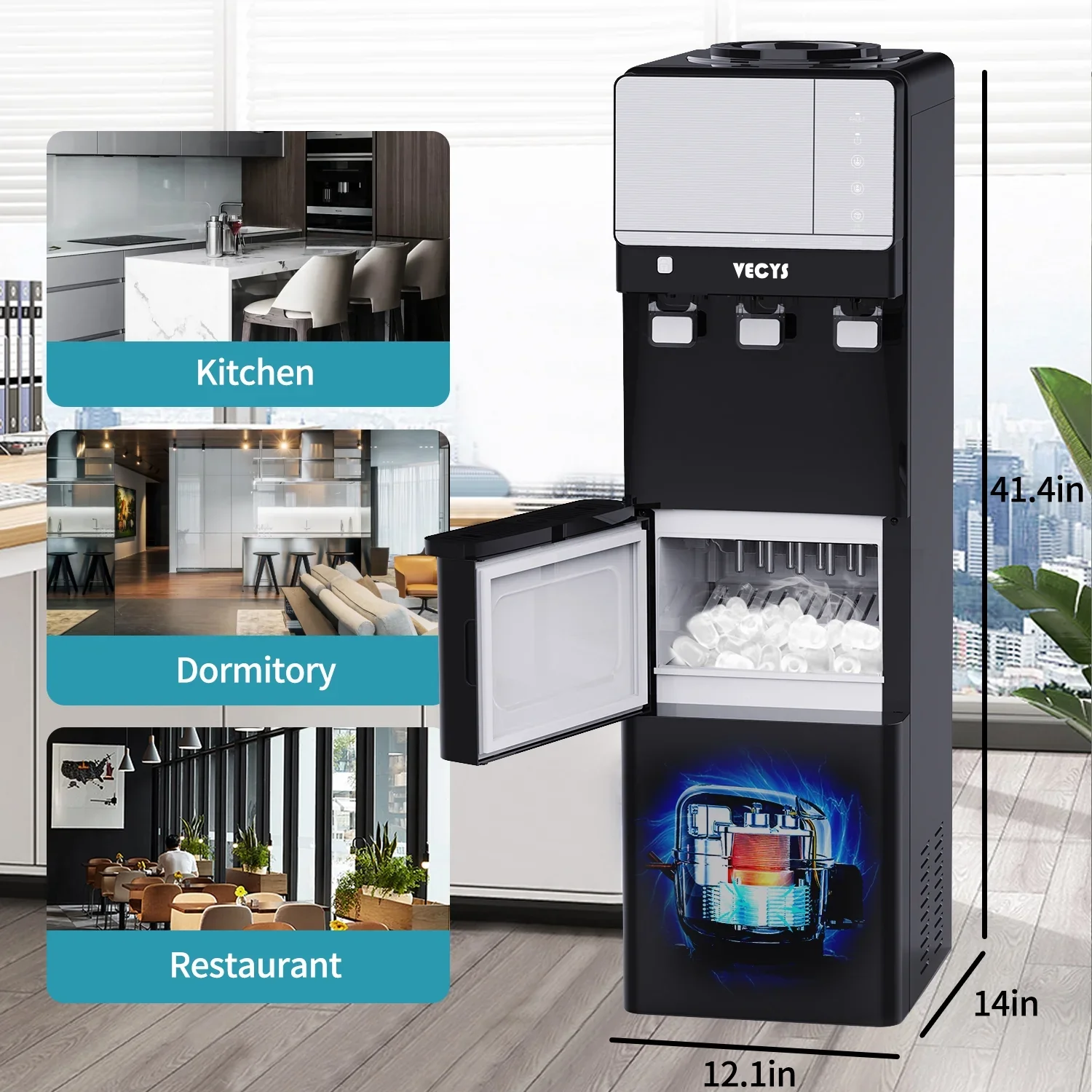 VECYS 3 5 gal Water Dispenser with Ice Maker, 27LBS Daily Ice & Child Lock