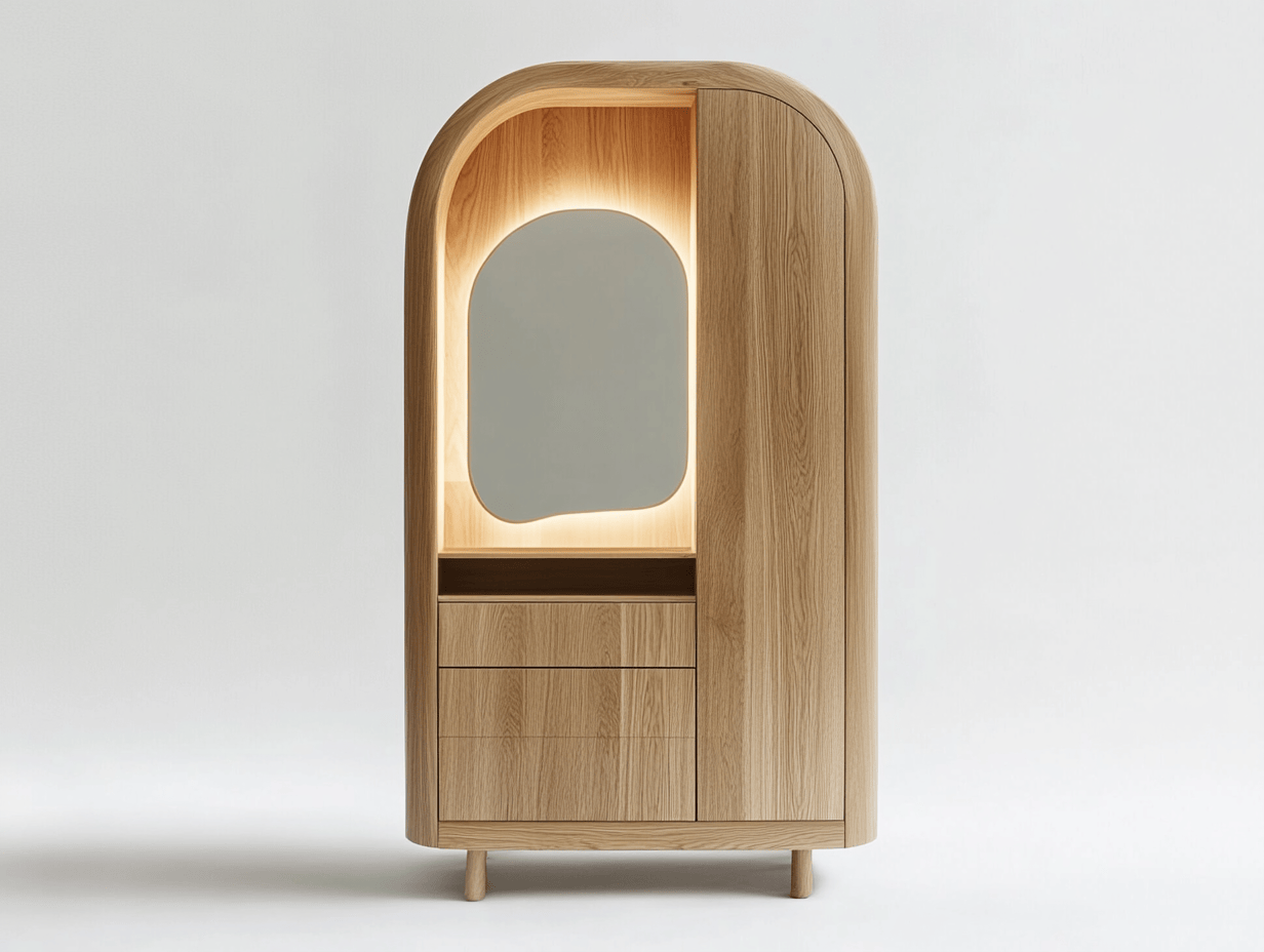 Armario Moderno Curvado de Madera Natural con Espejo y Luz LED para Dormitorio