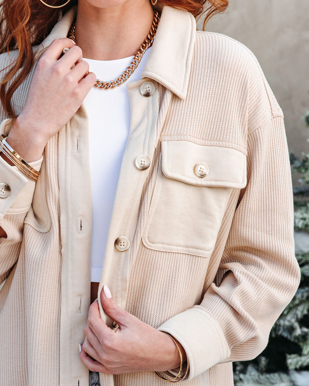 Tiffani Waffle Knit Button Down Top - Oatmeal - Se7enfashion