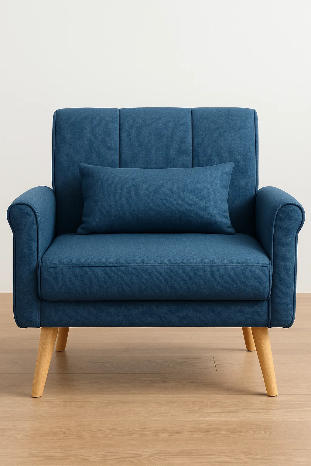 Sillón cama en tela azul con patas de madera clara