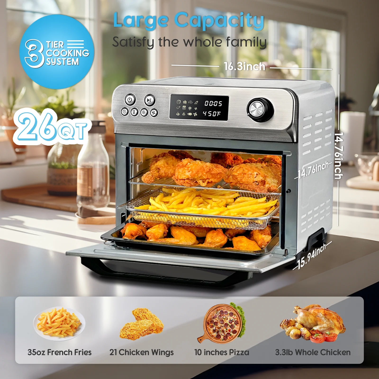 HYSapientia 26QT Air Fryer Oven With Rotisserie 1800W Toaster Oven Air Fryer Combo, 10 in 1 Convection Oven Countertop, Airfryer Toaster Oven, Mini Toaster Oven,Stainless Steel Outer - Image 2
