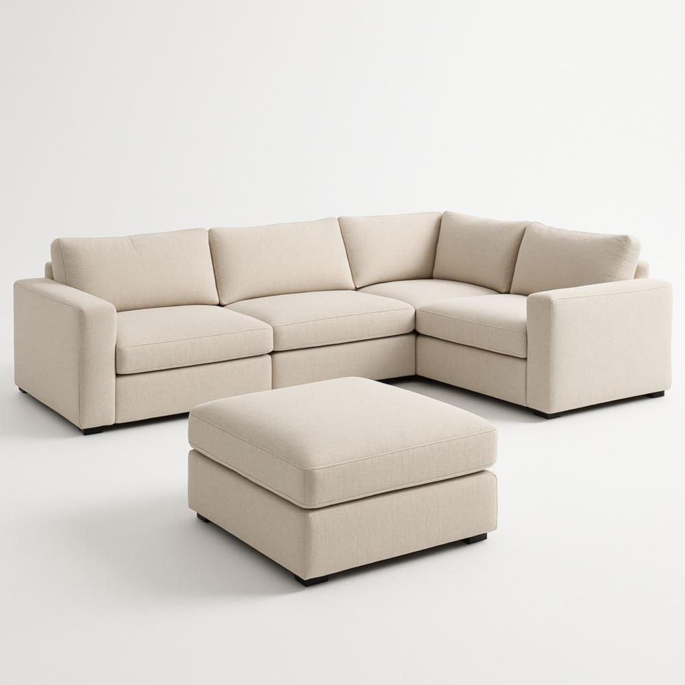 Sofá Seccional Beige con Cojines Desmontables y Puf Incluido