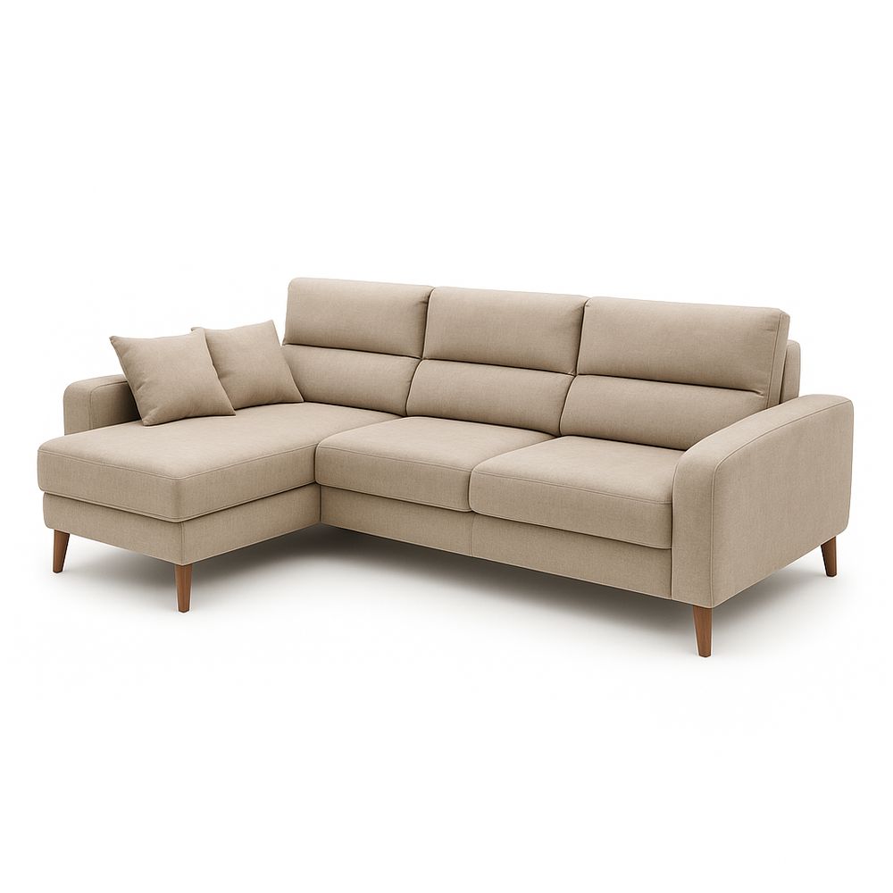 Sofá Esquinero Moderno de Tela Beige con Almohadas, Muebles para Sala, Diseño Contemporáneo, Estructura Robusta