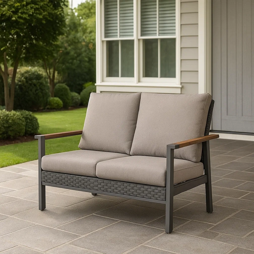 Sofá doble de exterior,gris claro,estructura de acero con detalles de madera,jardín,134x86x91 cm