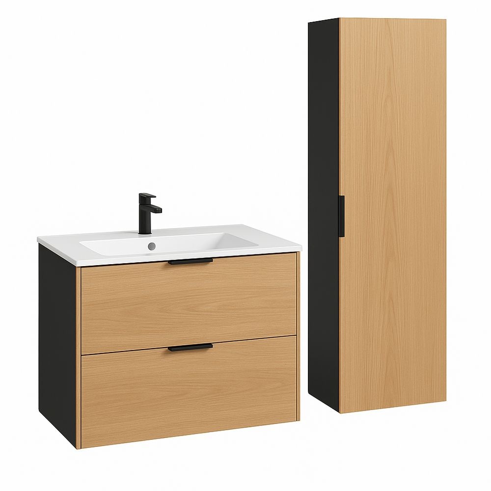Mueble de Baño Moderno Madera/Negro 80 cm Conjunto Lavabo Armario