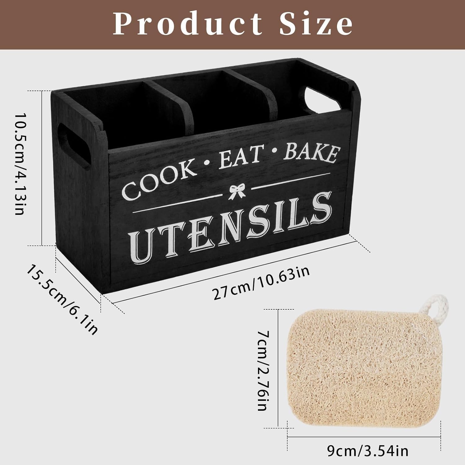 Kitchen Utensil Holder for Kitchen Counter, 3 Compartments Large Utensil Organizer with Drainer, Wooden Cutlery Caddy Holder, Cooking Tools Storage (Black)